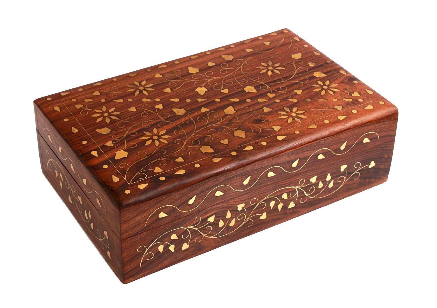 Ajuny Hand Carved Wooden Decorative Jewelry Storage Box with Floral Carvings Design Brass Inlay Keepsake Travel Treasure Chest Trinket Holder Organiser Great Gifts