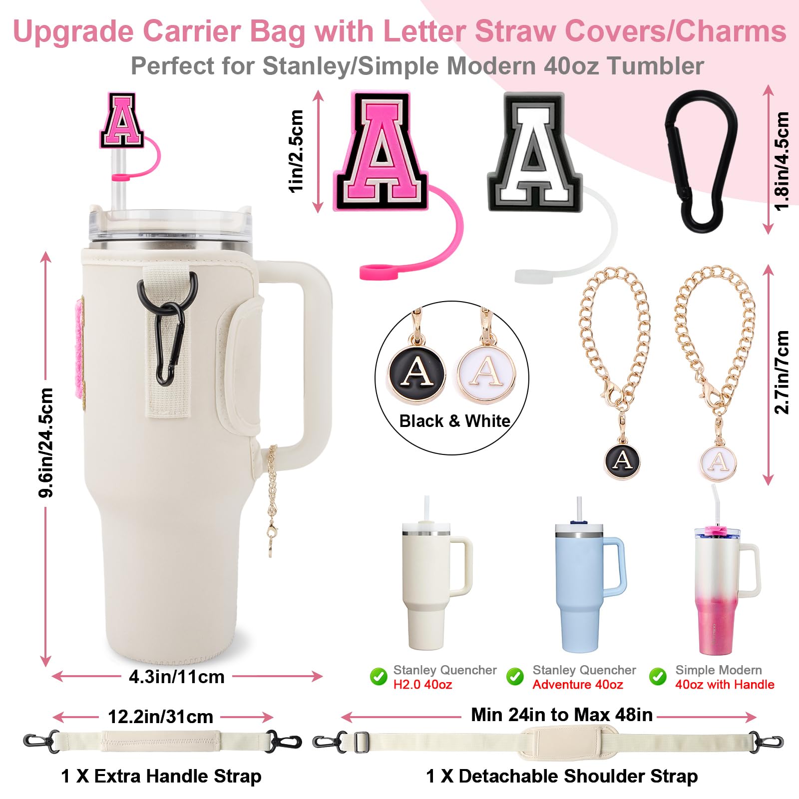 Initial A-Z Water Bottle Carrier Bag with Strap for Stanley 40oz Tumbler with 2 Letter Stanley Straw Topper Covers & 2 Letter Charm,Personalized Water Bottle Holder for Stanley Cup Accessories,Beige-A