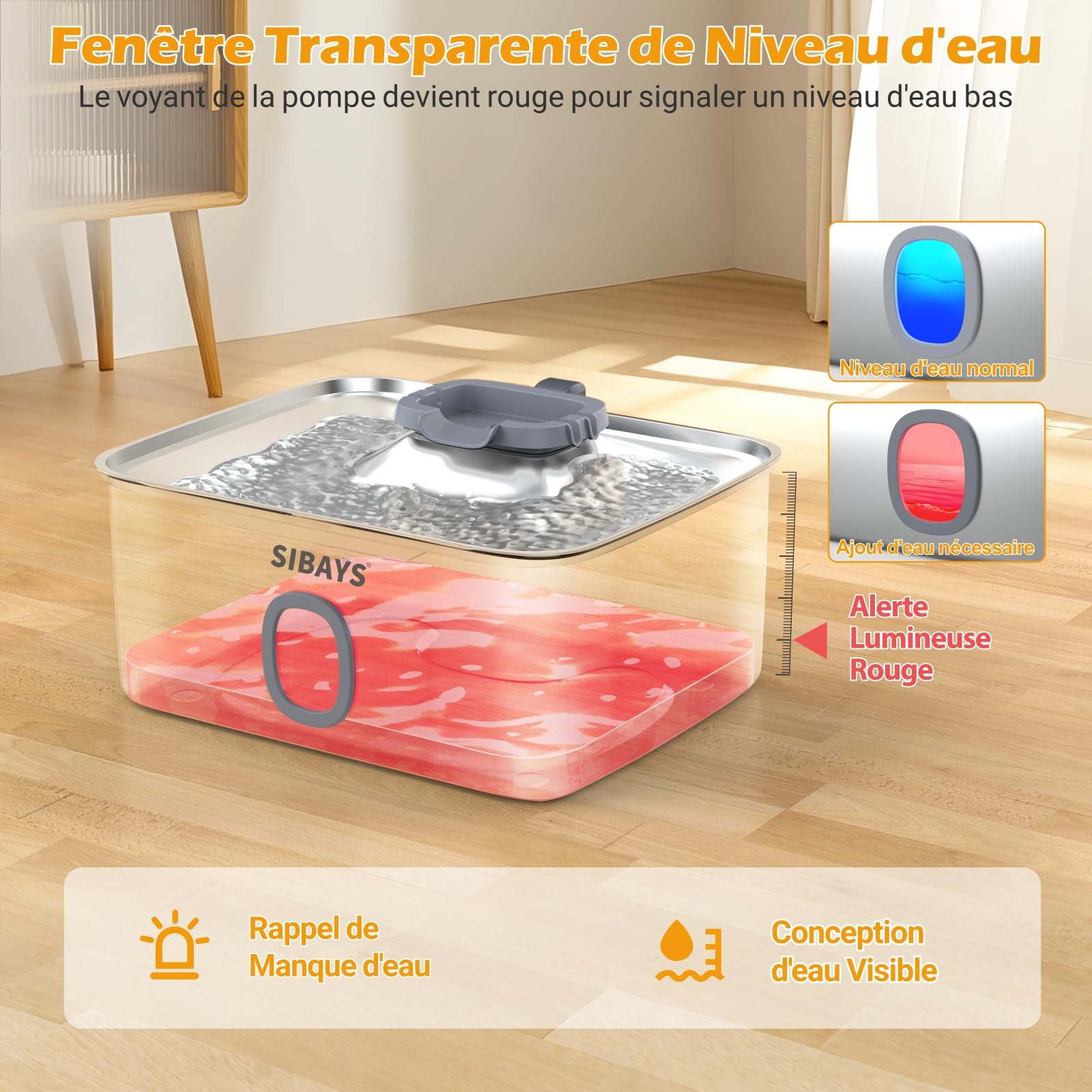 Sibays Fontaine a Eau Chat INOX, 15L Grande Fontaine a Eau Chien avec Zone de Boisson Plus Large, Super Silencieuse Fontaine à Eau pour Chat avec LED & Filtre, Adieu aux Remplissages Fréquents, FS76