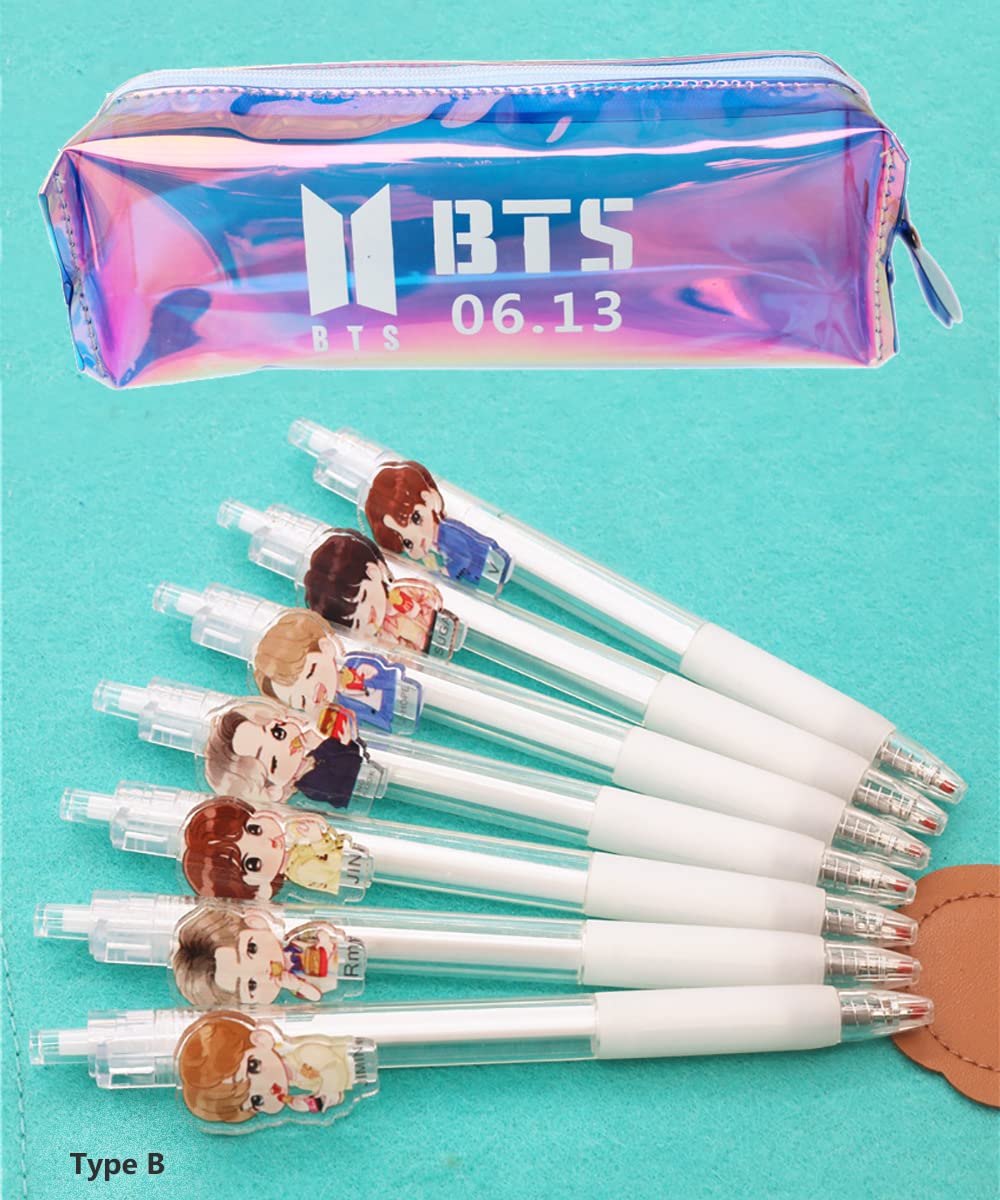 Inder 7 Pcs Ballpoint Pen With BTS Pencil Case Bangtan Boys Pen Black Ink 0.5mm Back to School Storage Pouch Cute Gifts (Type B (Ball Pen and Blue Case))