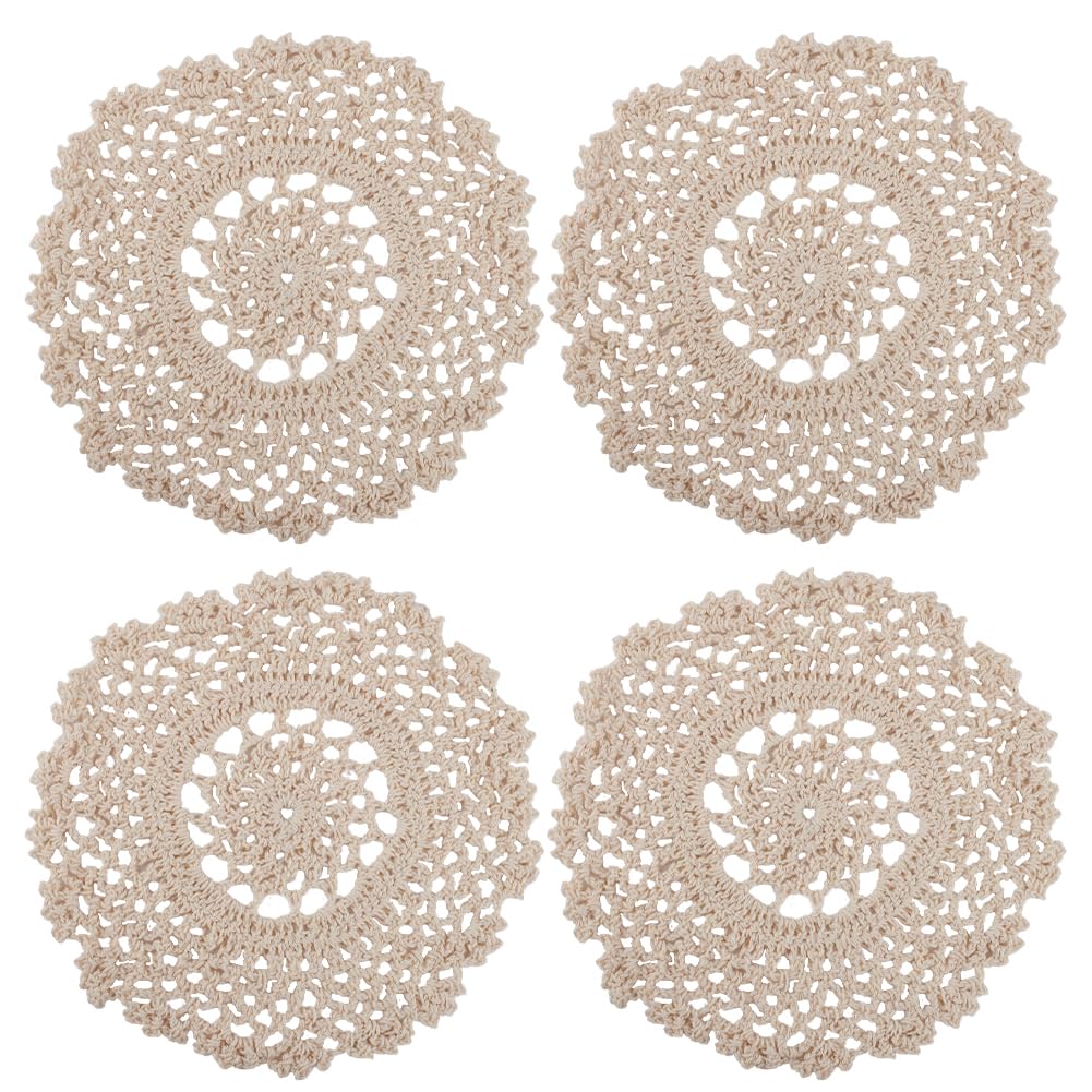 GORGECRAFT 4Pcs Round Cotton Lace Cup Coasters 17.5cm Crochet Table Placemats Vintage Small Handmade Crocheted Doilies Bisque for Wedding Tea Party Table Decoration Dining Room