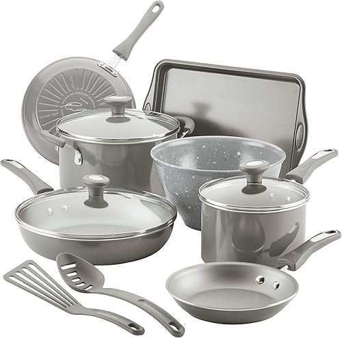 Rachael Ray Get Cooking Juego de ollas y sartenes antiadherentes incluye sartén para hornear y herramientas de cocina 12 piezas color gris