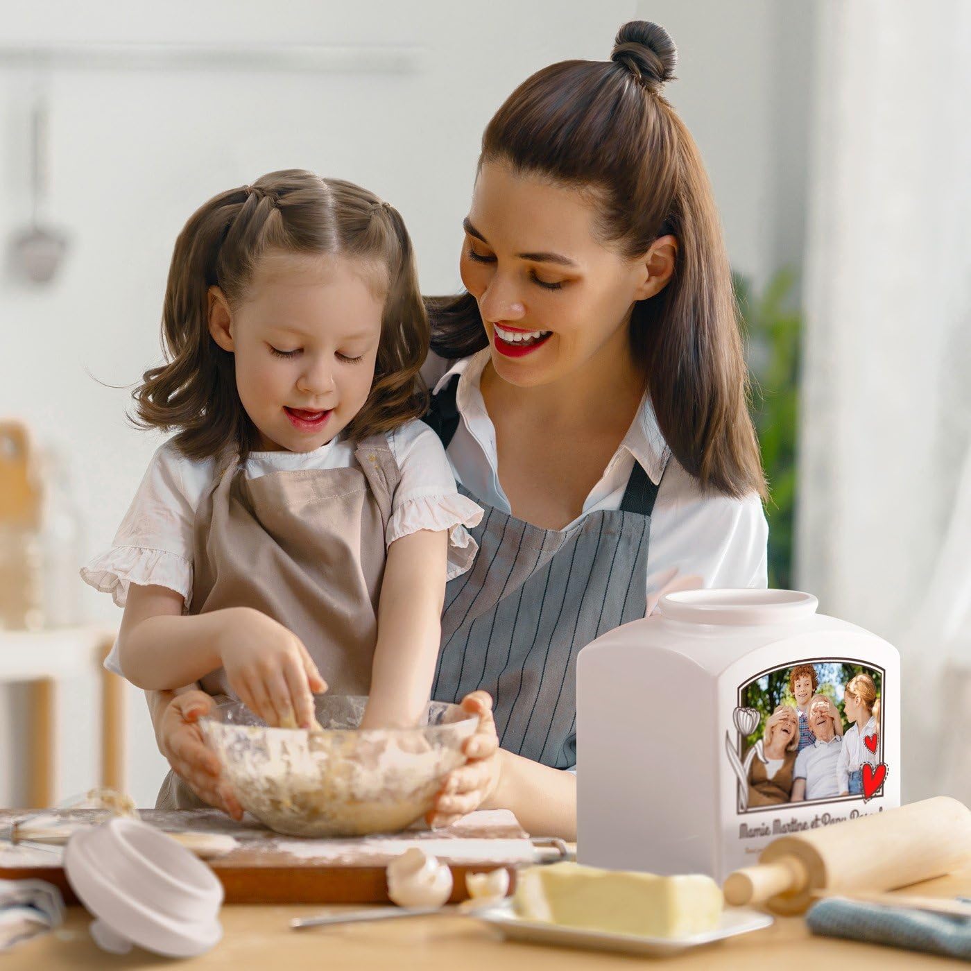 Maverton Pot en céramique personnalisé - Bocal à biscuits avec couvercle - pour couple - Rangement cuisine - pour parents - jeunes mariés - mariage - noces - anniversaire - avec photo de famille