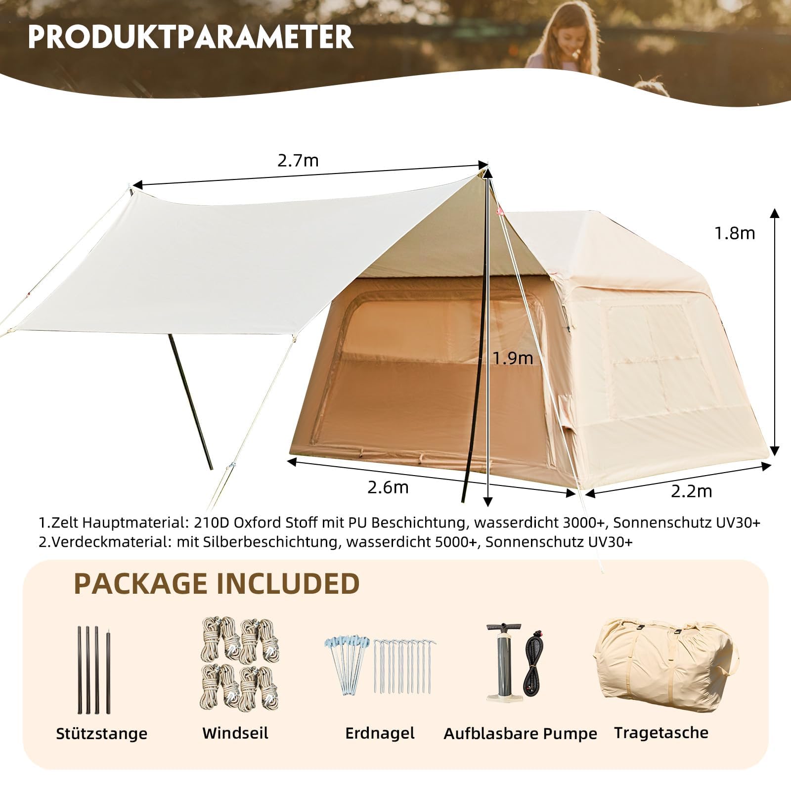 Aufblasbares Zelt mit Überdachung für 2-4 Personen,260 x 220 x 180 cm | wasserdichtes 210D Oxford-Gewebe, Familienzelt Camping Zelt mit Luftpumpe