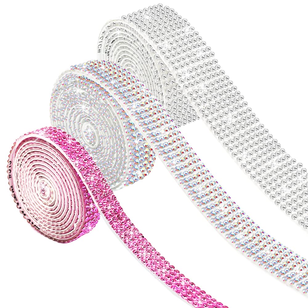 AFUNTA 3 Rolls Rhinestone Ribbon Self Adhesive, 3 Yards Crystal Stickers Glitter Ribbons Bling Ribbons Roll for Wedding Cakes Birthday Crafts Decorations (Silver AB Pink)