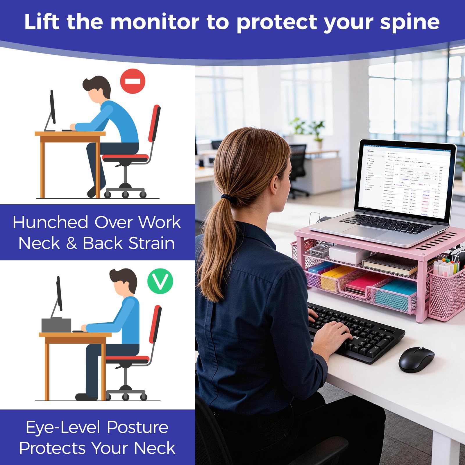 Supporto per monitor in metallo, supporto per scrivania da ufficio con cassetto, accessori da scrivania e 2 portapenne, per stampante, notebook (rosa)