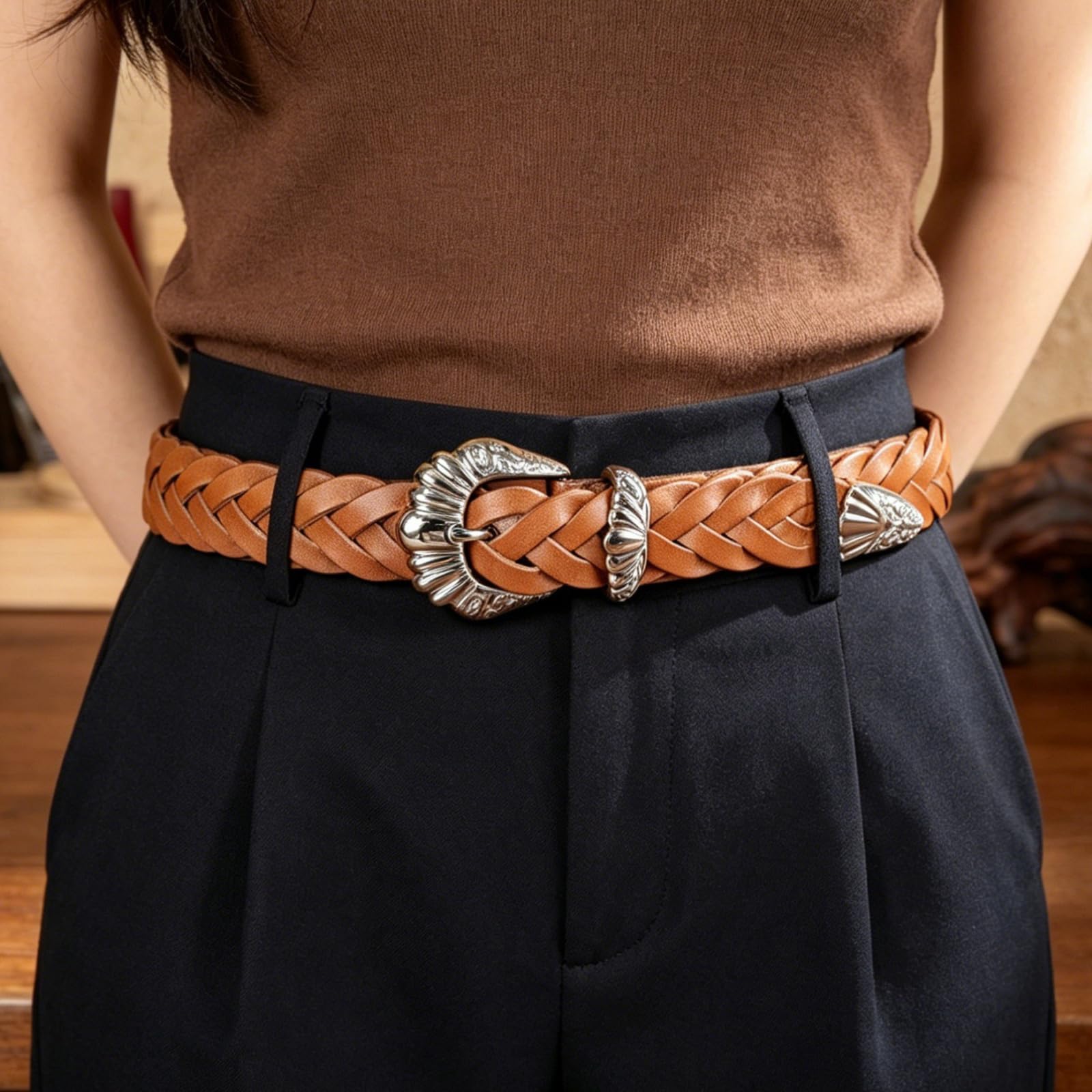 Femme Ceinture Tresse Cuir Entièrement Réglable Largeur 2,3cm Fine Sangle Tressée avec Boucle Argentée Motif Floral Occidental Gravé(110cm/43, Brown)