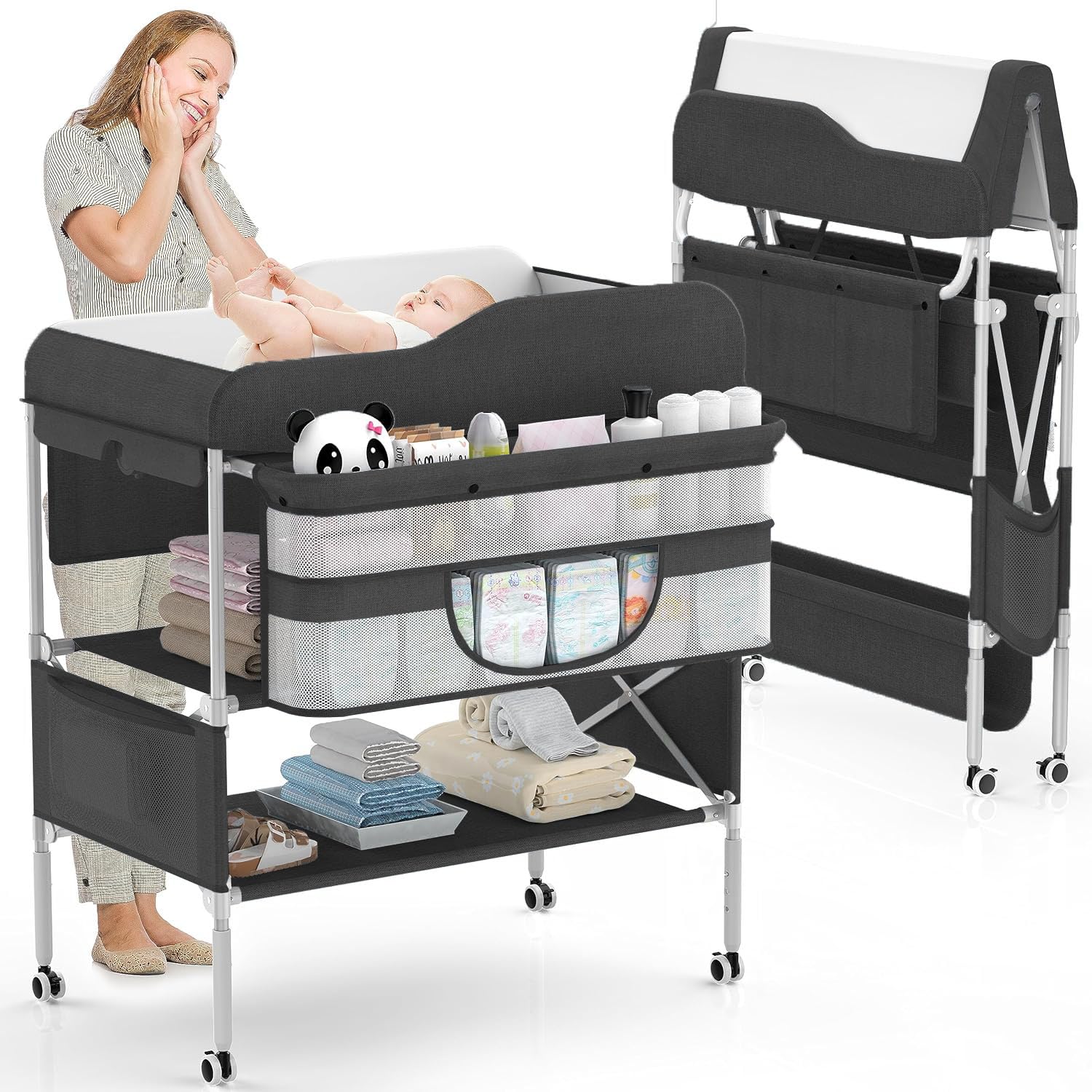 Portable Baby Diaper Changing Table, Waterproof Foldable Diaper Changing Table,Height Adjustable Changing Diaper Station for Infant and Nursery,Mobile Changing Station,Newborn Nursery Organizer(Black)