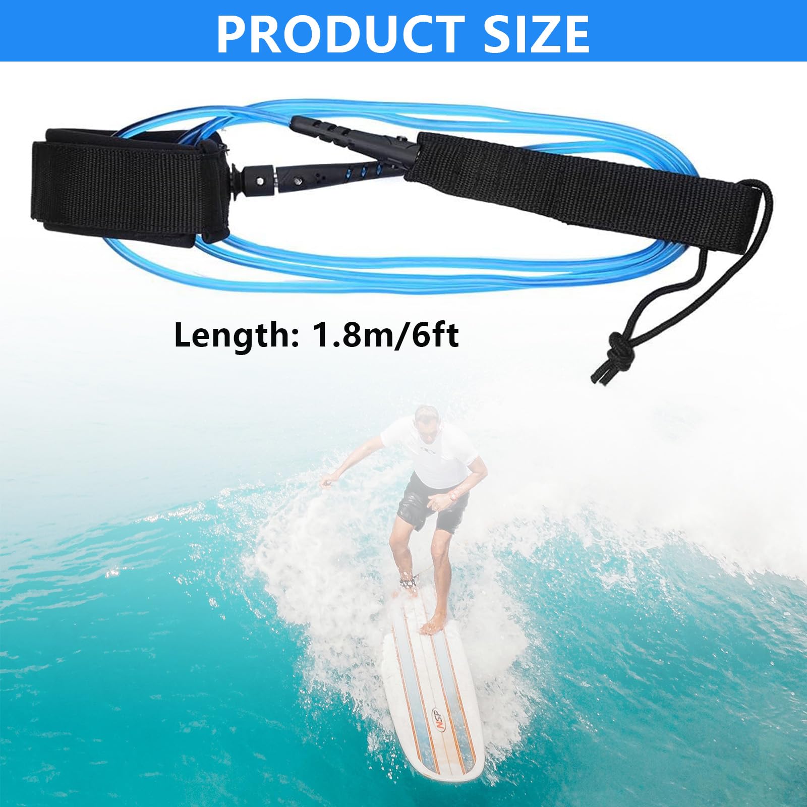 Surfboard Leash 6 FT, Surfbrett-Leinen Gerades Seil mit Doppelte Rotierendem Edelstahlkopf für Stand Up Paddle Board und Surfboard - Blau