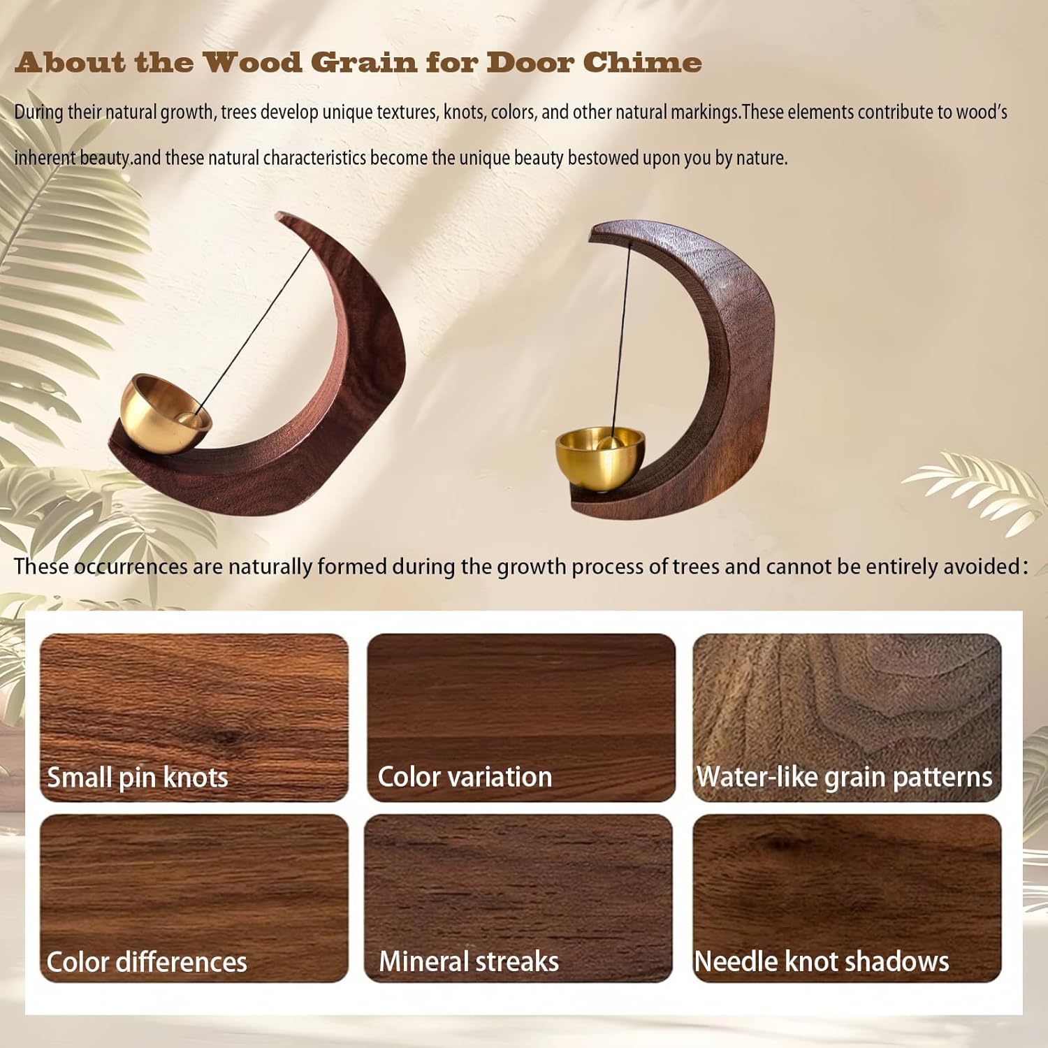 Magnetic Moon-Shaped Wooden Door Chime, Hand-Tuned Solid Brass Entry Alert, Varnished Beench Shopkeepers Doorbell for Home & Business, Housewarming Gift