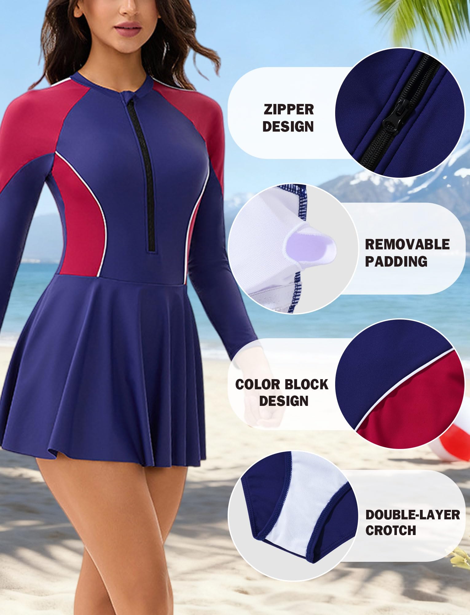 Maeau - Traje de Baño de Una Pieza Mujer con Falda Mangas Largas Cremallera Bañador Vestido de Playa Surf S-XXL