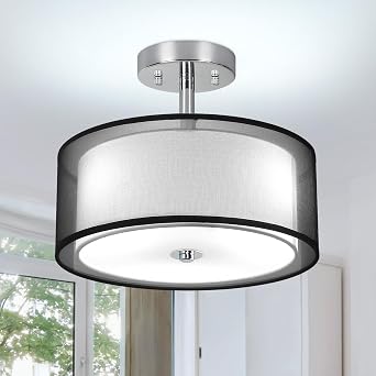 DLLT 3 Lights Semi Flush Mount Ceiling Light Fixture, Modern 13" Black Ceiling Lamp with Double Fabric Shade, Close to Ceiling Lamps for Kitchen, Bedroom, Hallway, Dining Room