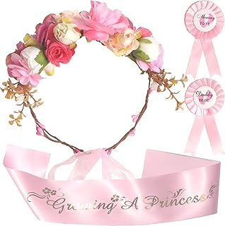 MEANT2TOBE Baby Shower Decoration for Mom To Be and Dad To Be, Pink, Brown Flowers style Tiara + Pink & Silver Sash + Pink...