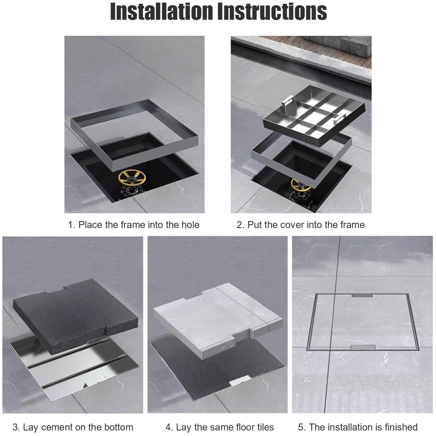 Tapa De Arqueta Y Marco De Acero Inoxidable 304, Con Asa Retráctil, Cuadrada Incrustada Tapa Para Fosa Séptica, Para Uso En Interiores Y Exteriores(80x80cm)