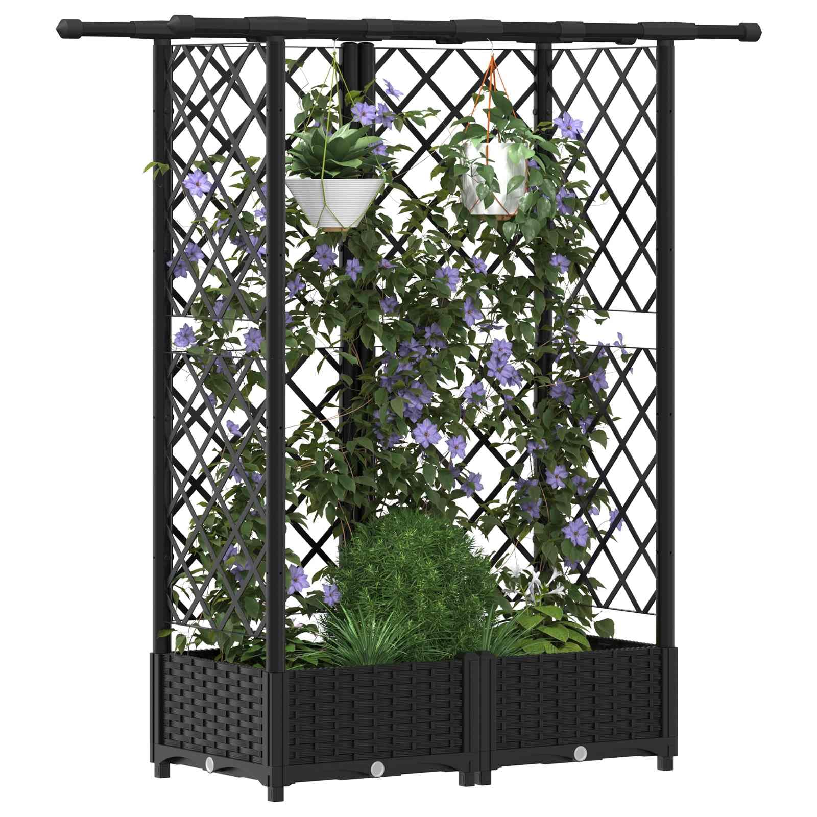 Podwyższona grządka z kratką dla roślin pnących i dachem wiszącym, czarna, 124 x 40 x 121 cm, donica na rośliny z polipropylenu, na balkon, taras, odpływ wody