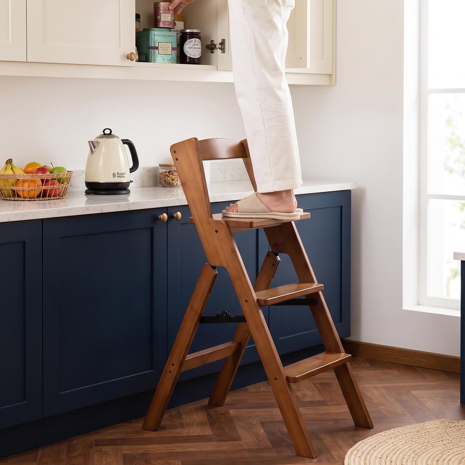 Folding Bamboo Step Stool & Bar Stool with Backrest, 3-Step Ladder Chair for Kitchen Island, Counter Height 60cm Seat, Foldable Plant Stand, Natural Wood Finish