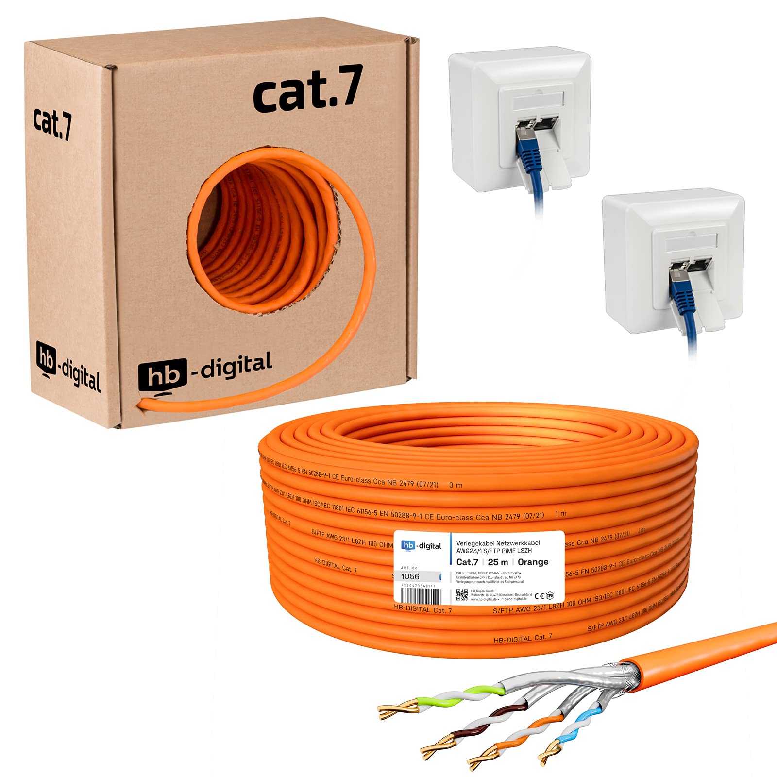 HB-DIGITAL SET 25 m Cavo di rete LAN, CAT.7, AWG 23, puro rame S/FTP PiMF LSZH, senza alogeni, certificato RoHS-Compliant GHMT, Ethernet PoE 10 Gbit/s 1000 MHz arancione + 2 prese di rete