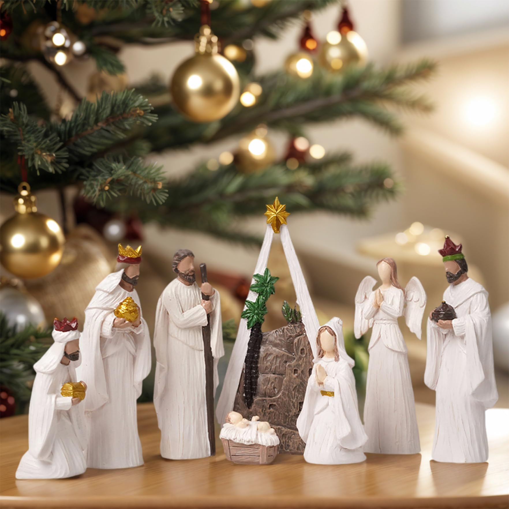 Ensemble de crèche de Noël (8 pièces) Moderne en résine Blanche - Figurines scène la Nativité - Ornements Table Religieux - Objets Collection Noël pour décorations Vacances