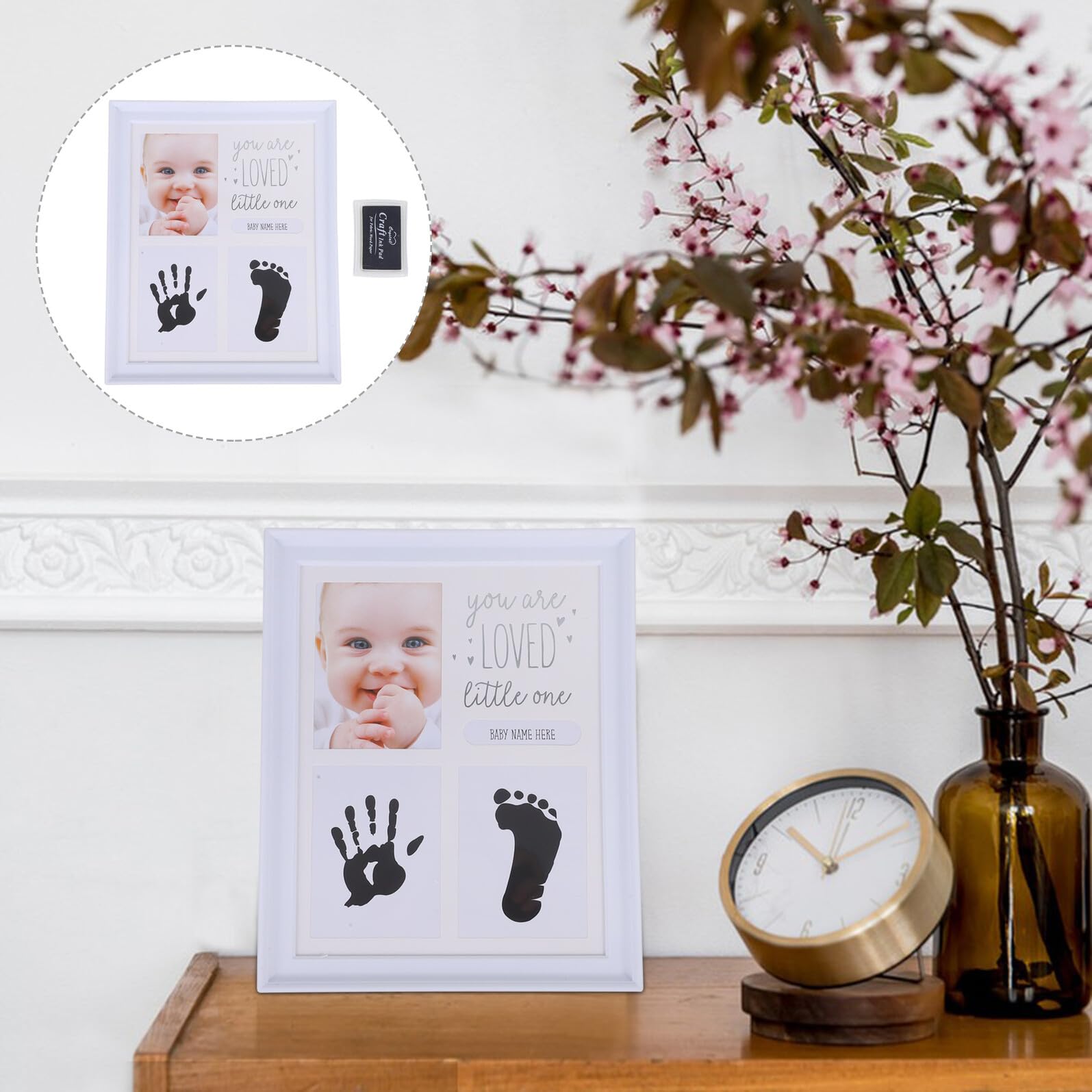 Marco de Fotos de Recuerdos para Recién Nacidos Huellas de Manos y Pies en Abs y Vidrio, Decoración de Escritorio para Álbumes de Bebés