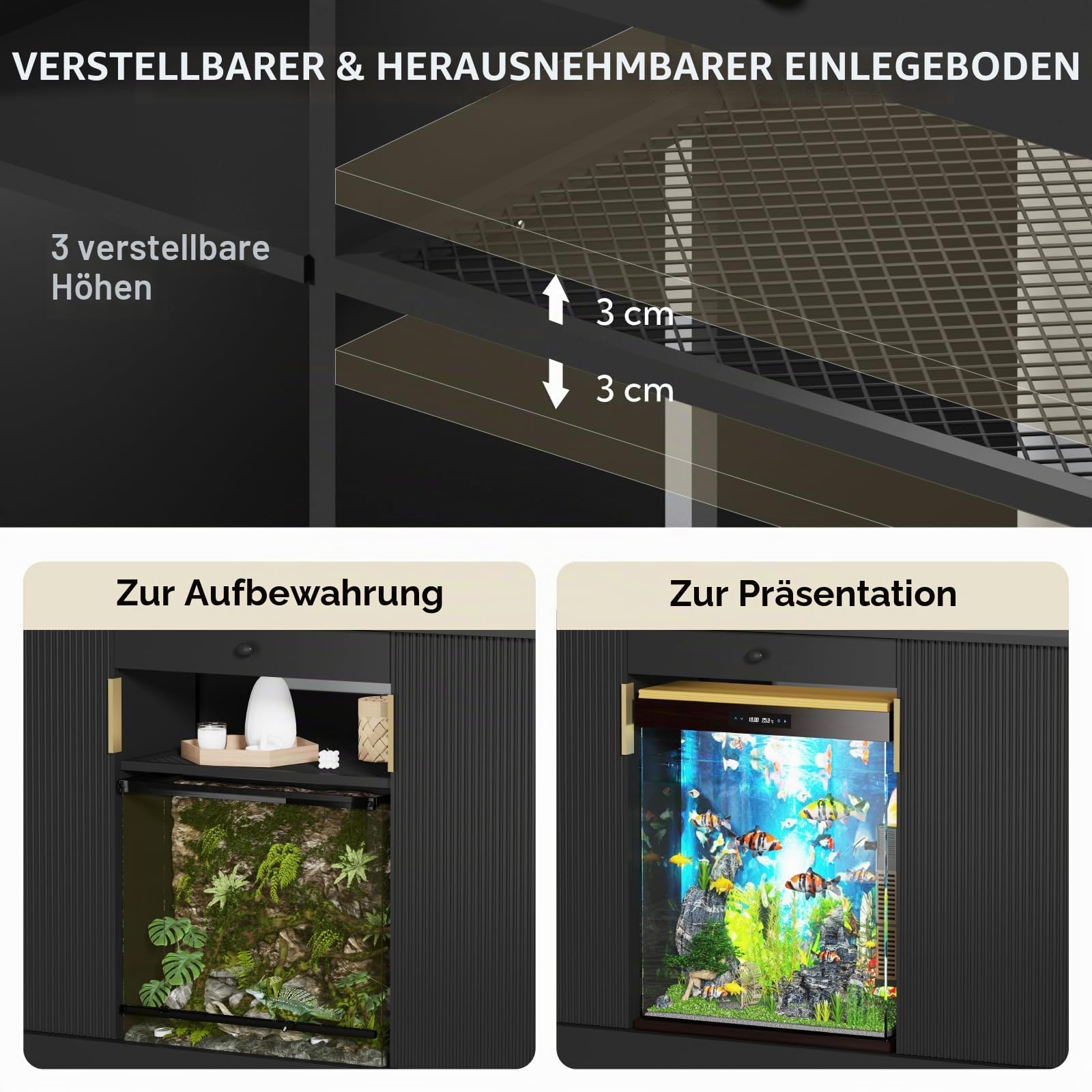 Reptilien Tank Ständer, Holzgestell für Aquarium, Aquarium Unterschrank, Terrarienständer mit Stauraum, Aquariumschrank für das Wohnzimmer, 120 x 60 x 80 cm, Schwarz