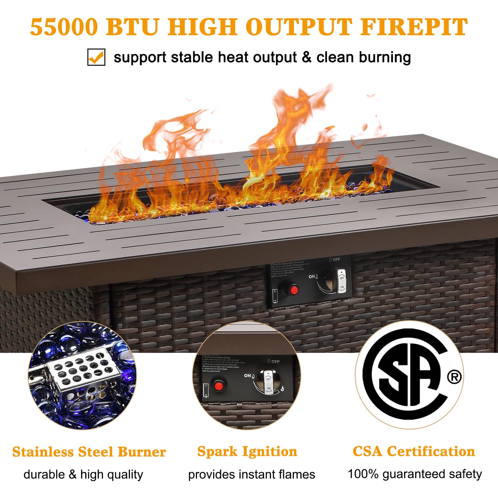 Gas Fire Pit Table 55,000 BTU Propane Fire Pit Table