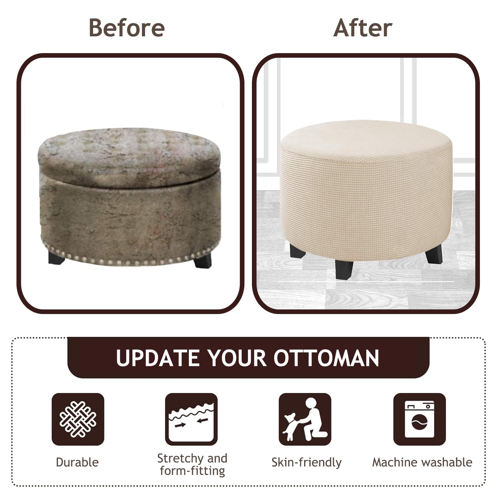 Hearda Housse Pouf Ottoman En Jacquard, Couleur Unie Housse Pouf Repose Pieds Rond Extensible Doux Universel Lavable Avec Fond Élastique Antidérapant Pour Salon Chambre (Vert Malachite,XL