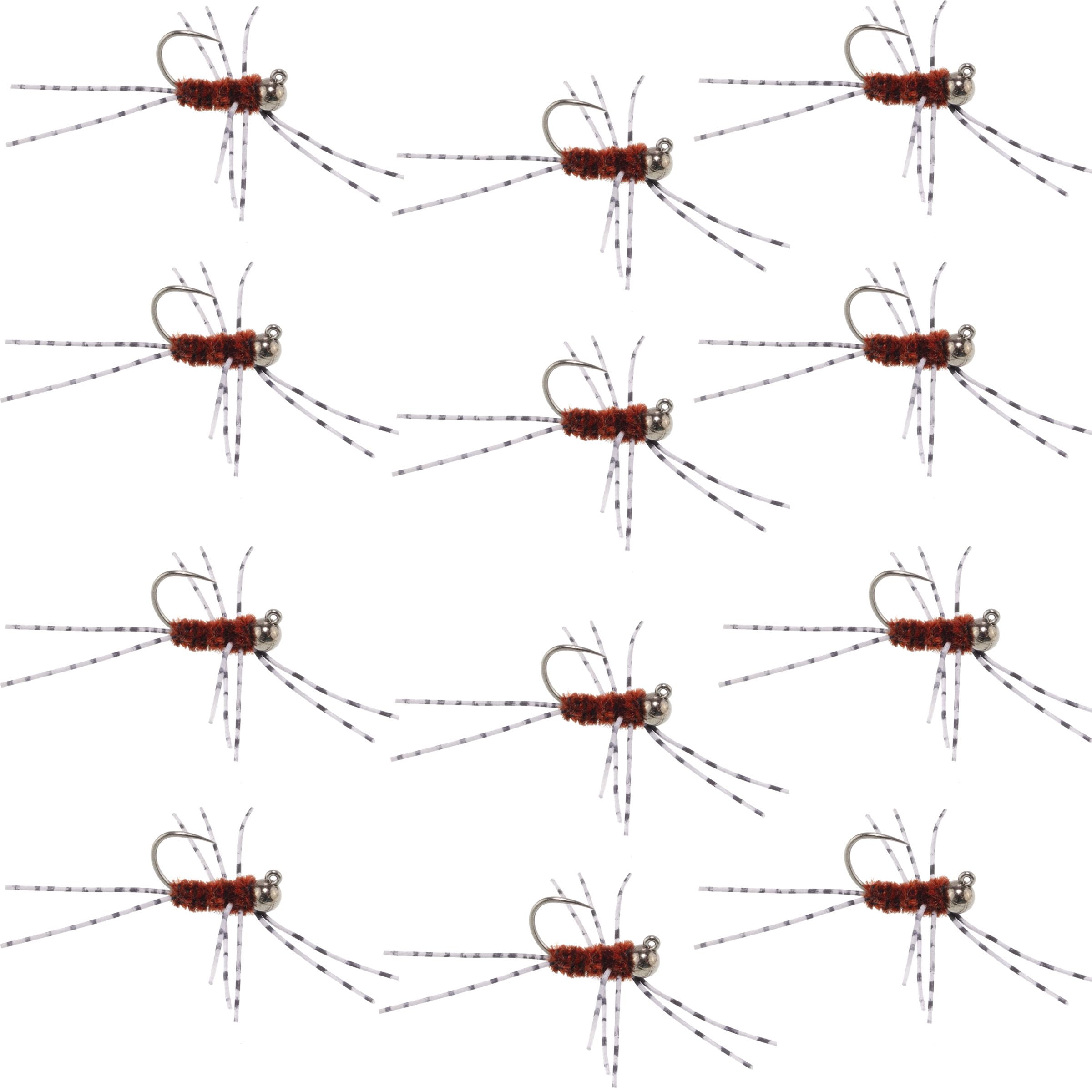 The Fly Fishing Place Tungsten Bead Jigged Pat's Rubber Legs Nymph - Brown with Barred Legs - 12 Flies Hook Size 6