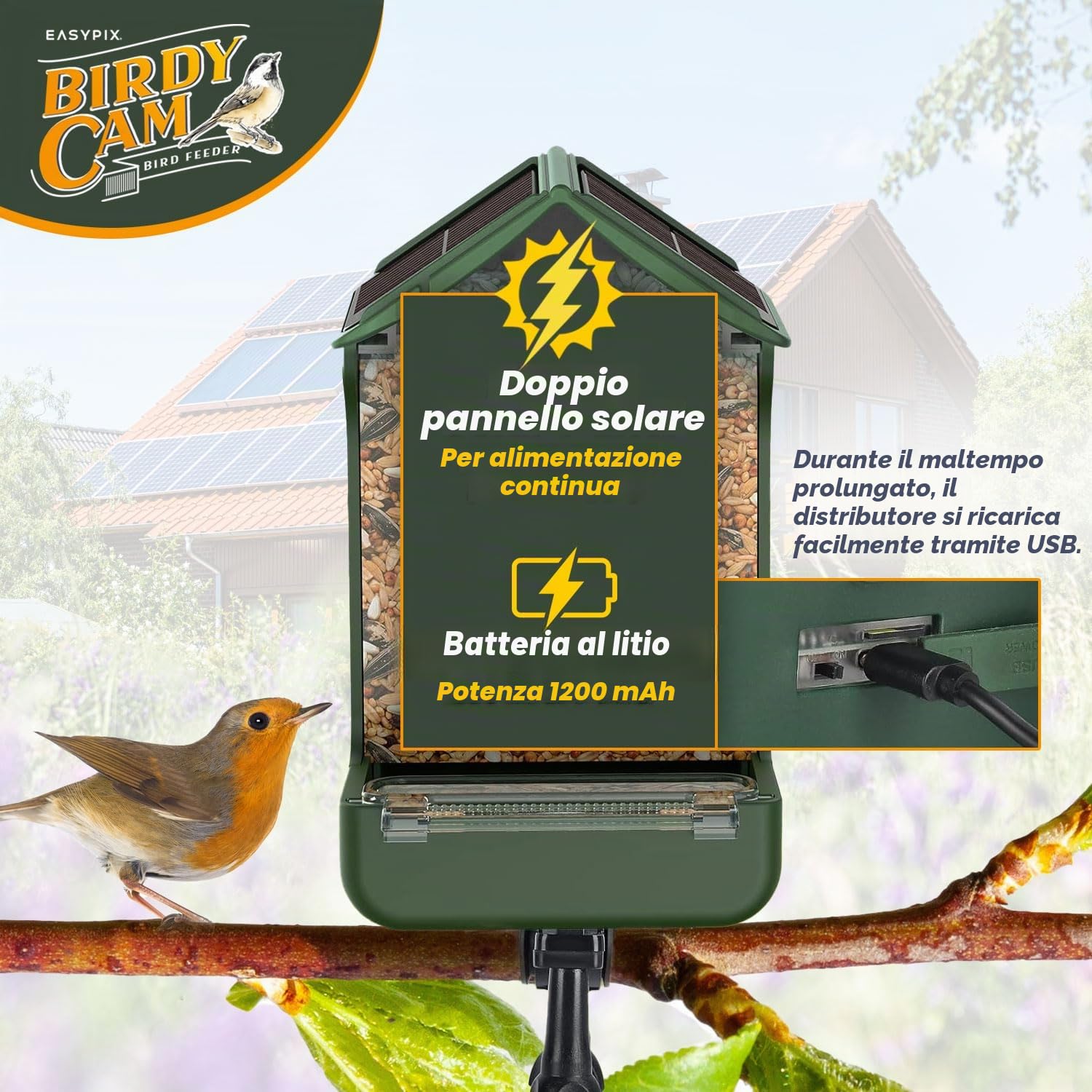 EASYPIX BirdyCam - Mangiatoia con macchina fotografica, energia solare, foto e video HD di uccelli, mangiatoia per giardino