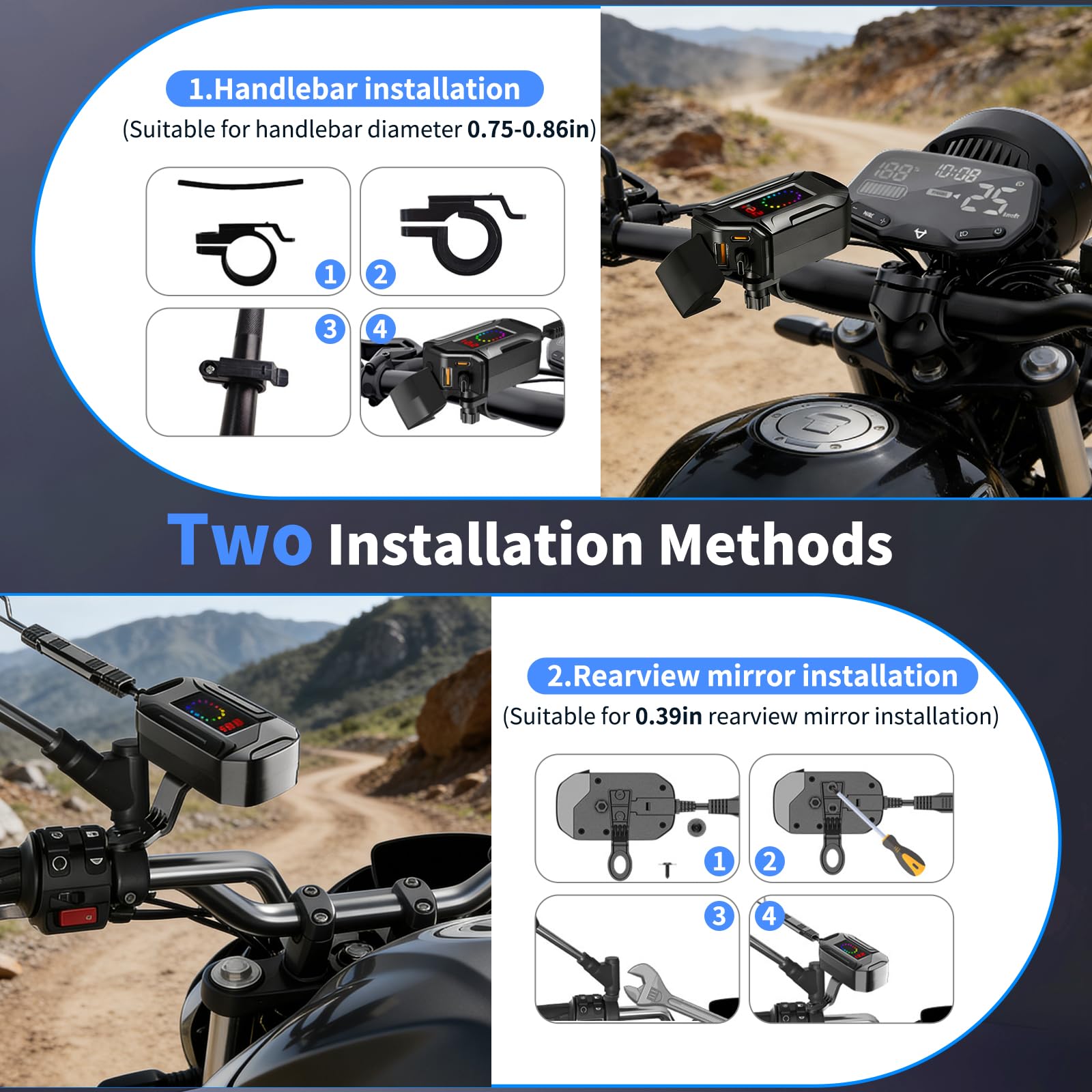 Prise USB Moto Etanche avec Un câble de Charge Rapide rétractable de Type C de 70 CM de Long, 3 en 1 Prise USB C pour Moto avec Interrupteur et voltmètre LED pour SUV Marin Bateaux (Black)