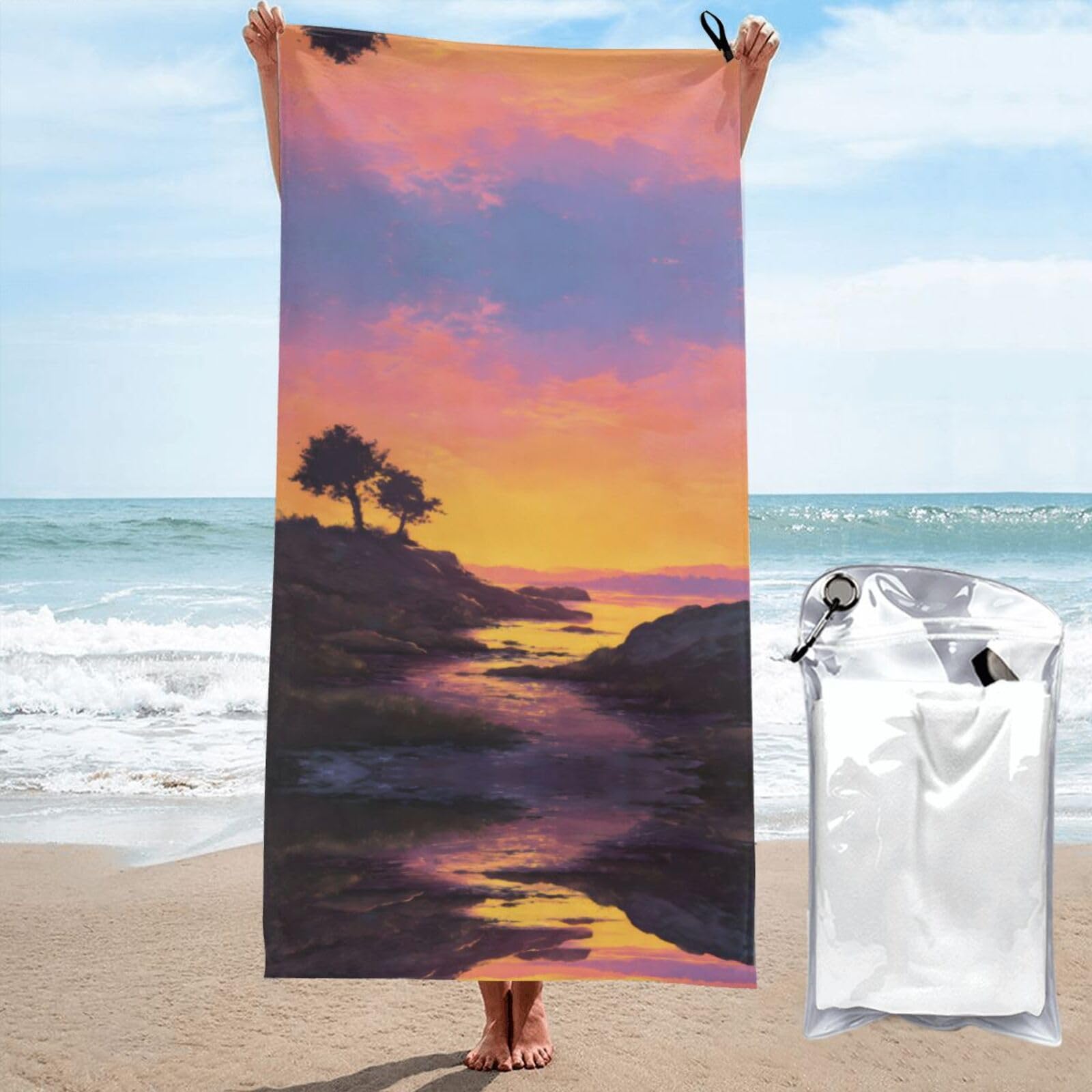 ESNAIUVCD Sunset Glow Print Beach Towel, Microfibre Sauna Towel, Quick-Drying Fitness Towel, Lightweight And Thin Portable Sauna Towel