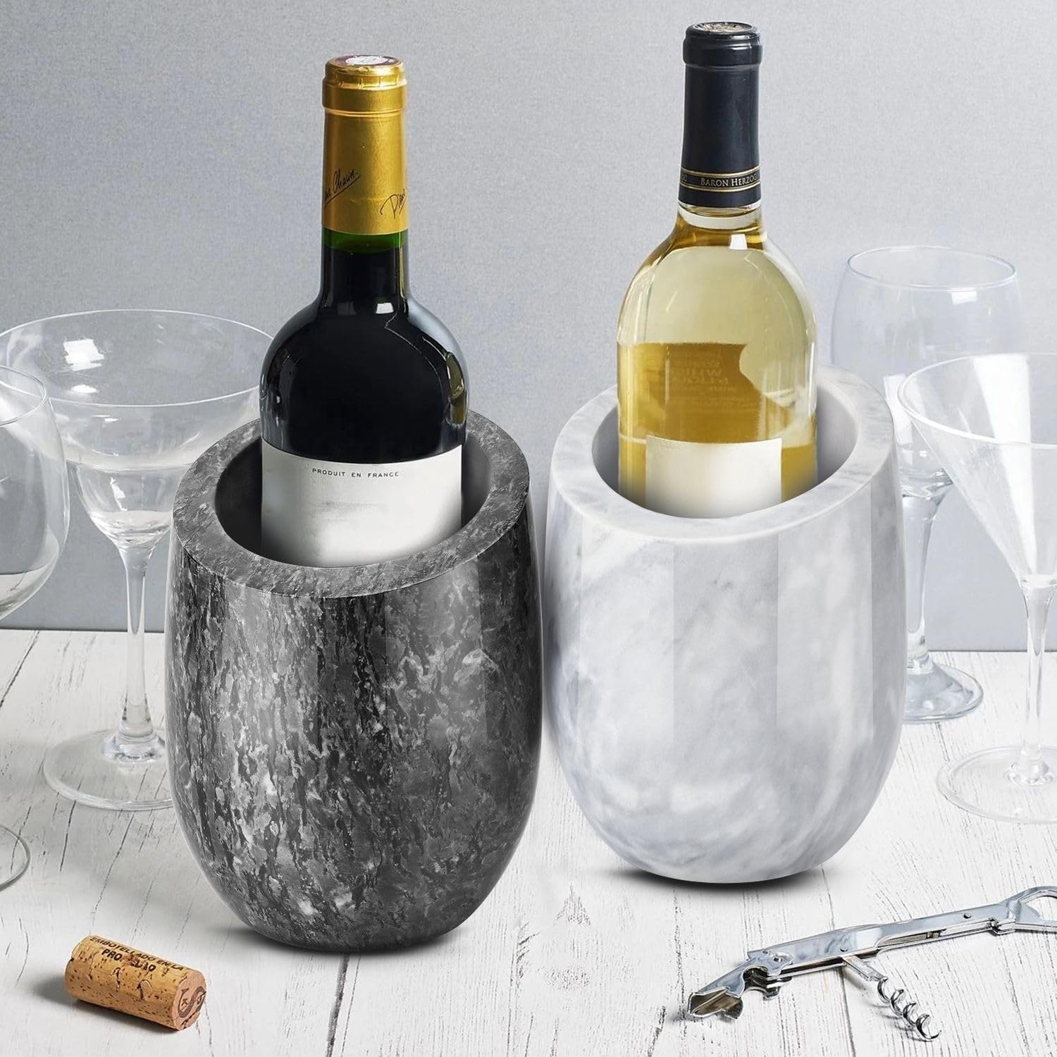 Flexzion Cubo enfriador de vino de mármol, enfriador de champán, enfriadores de vino para botellas y soporte multiusos para utensilios de cocina, enfriador de botellas de vino de piedra adaptable de