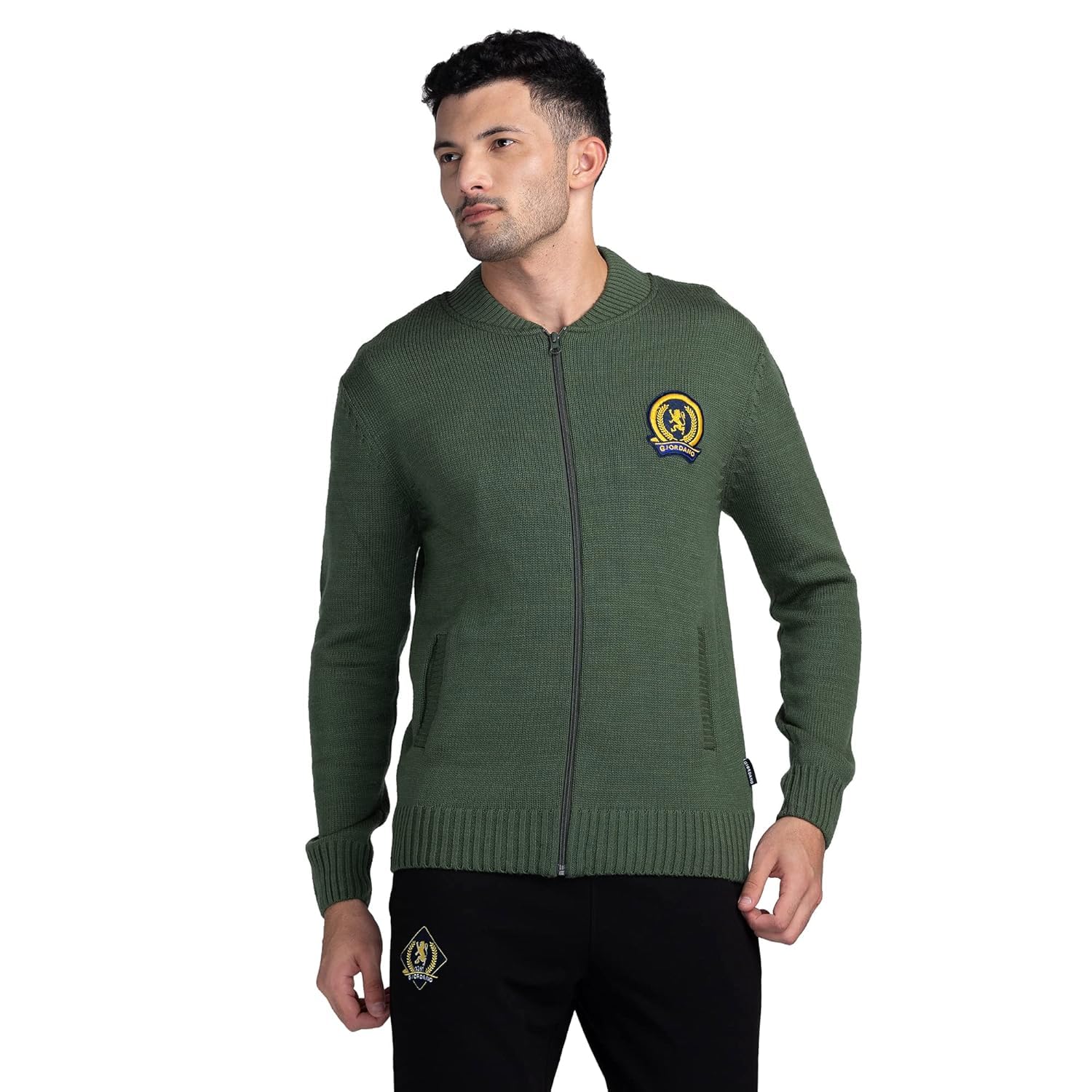 giordano Men's Solid Chest Brand Logo Band Collar Long Sleeves Zip Closure Acrylic Cardigan Sweater-picture-21