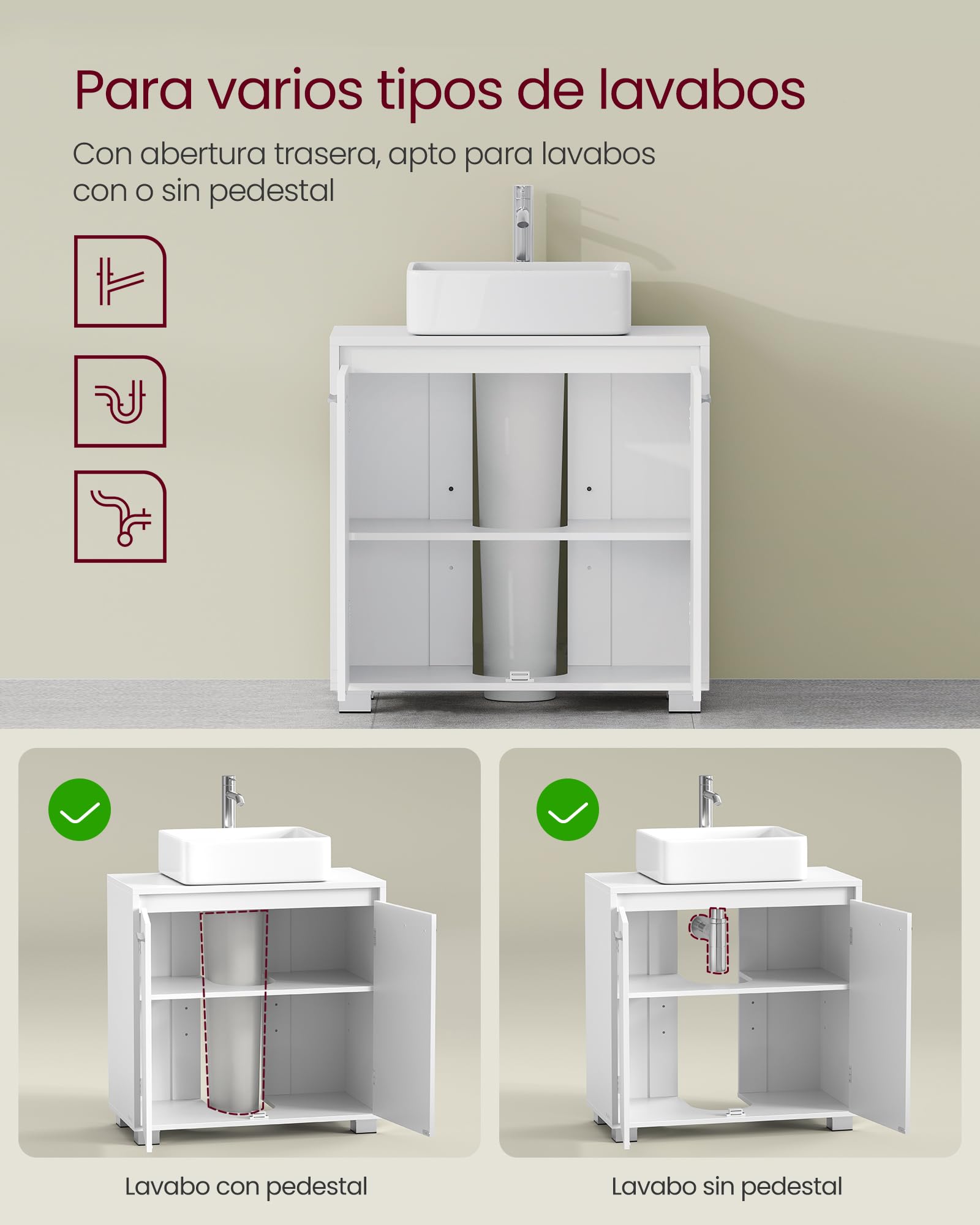 VASAGLE Armario Bajo Lavabo, Mueble de Baño, 2 Compartimentos Detrás de Las Puertas, para Diferentes Tipos de Lavabos, con Pies, 30 x 60 x 60 cm, Blanco Nube BBK506W01
