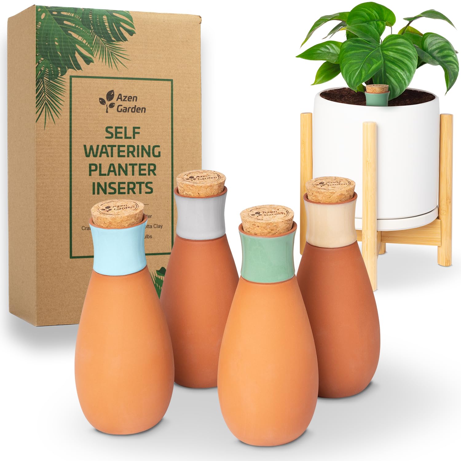 Azen Garden Terracotta Self Watering Planter Insert - Watering Bulbs for Outdoor and Indoor Plants with Easy Top Refill System - Set of 4 Ollas