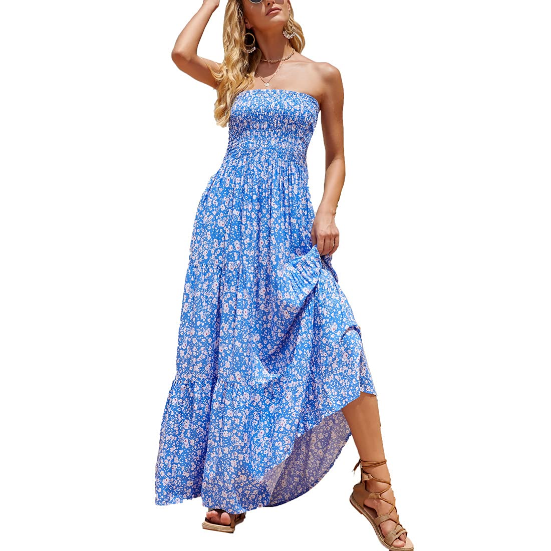Women's Casual Off Shoulder Maxi Dress Strapless Tube Top Bohemian Beach Long Dresses 092