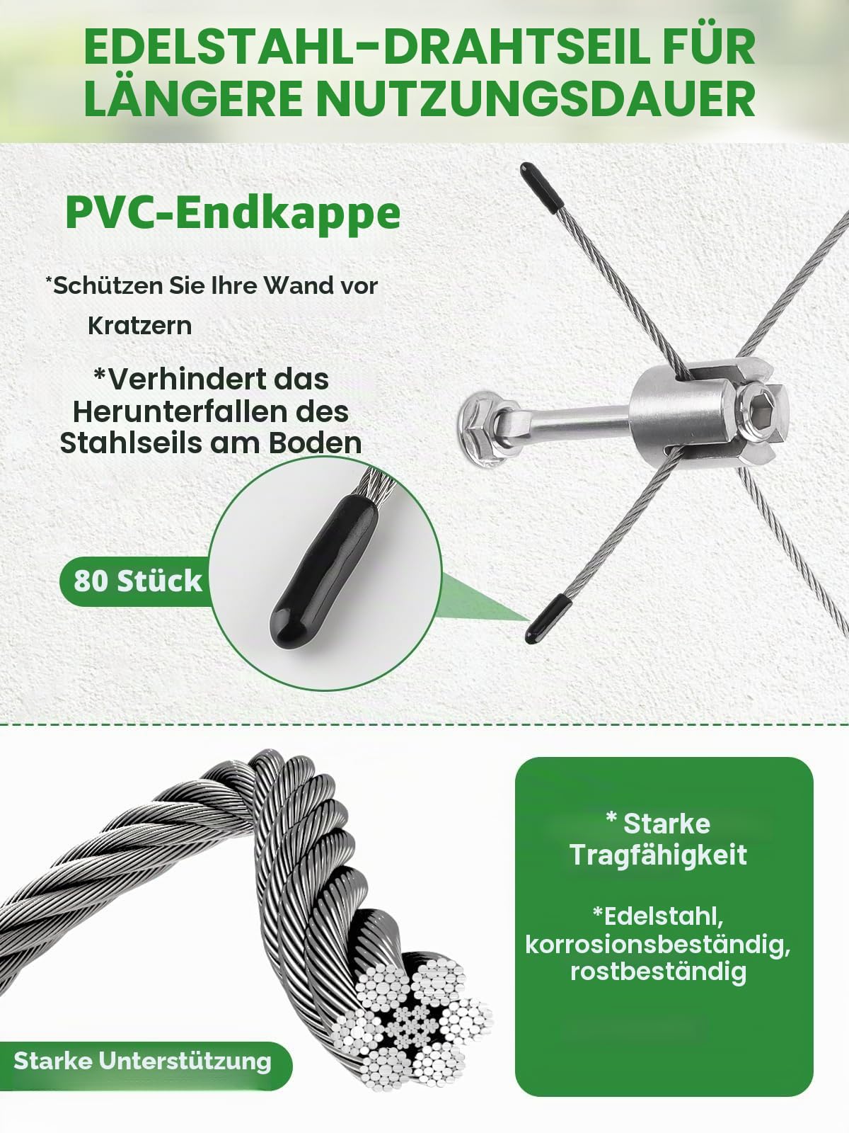 150 Fuß Rankhilfe aus Edelstahl für Kletterpflanzen, Kalolary T316 Edelstahl Drahtgitter Set für Hohe Belastbarkeit Wandmontiertes Kletterkabel Ranksystem Set für Blumen und Gemüse