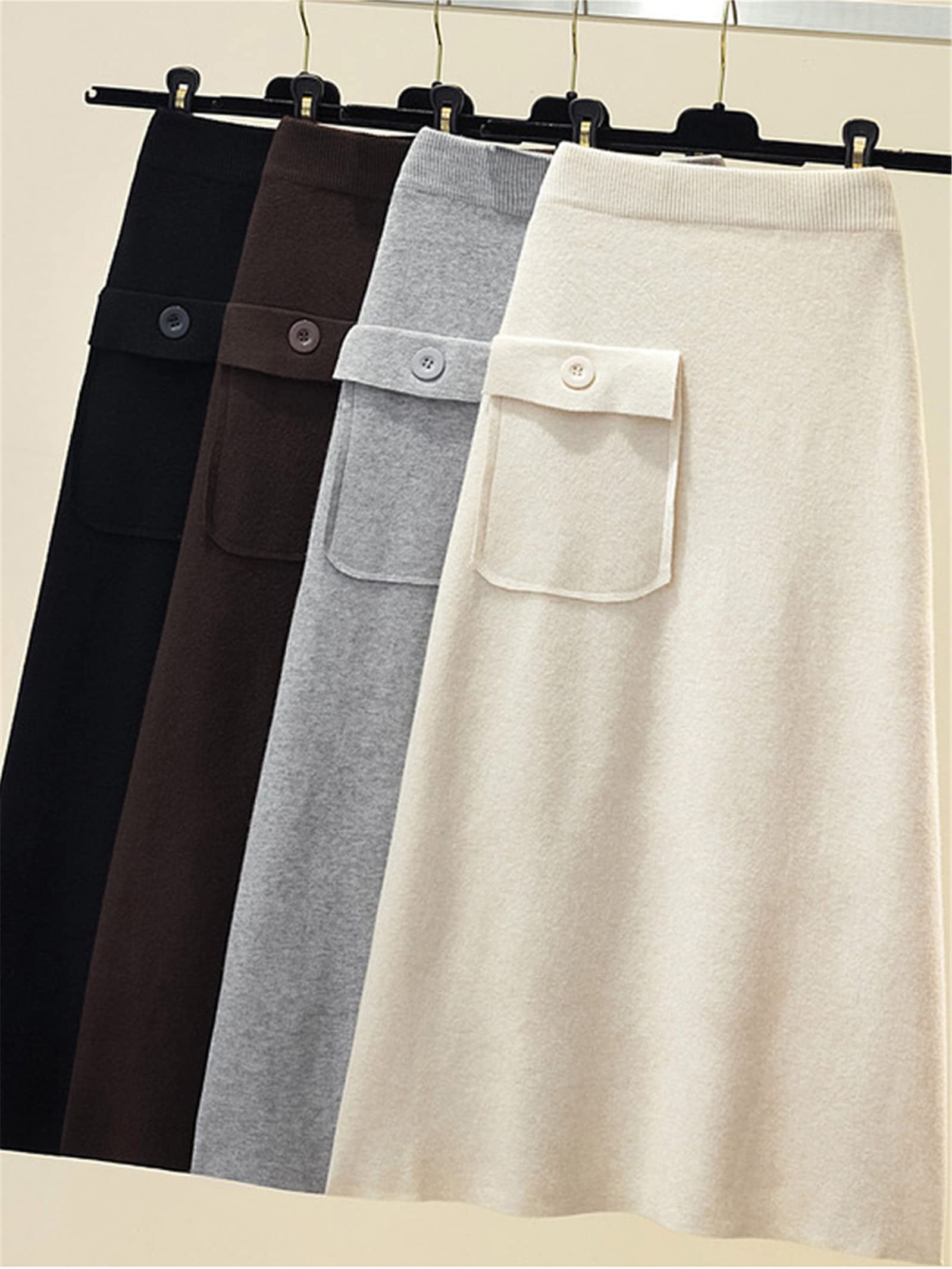 Moda de punto midi falda mujeres con un bolsillo otoño invierno coreano simple sólido una línea de cintura alta falda larga