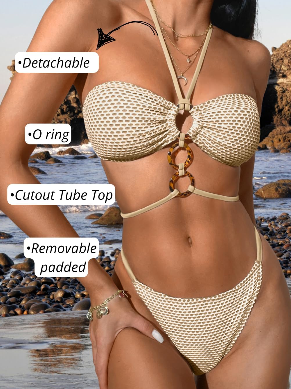 Women Sexy Fishnet Halter Bikini Set, O Ring Strapless Bandeau Swimsuit, Low Rise Cheeky Two Piece Bathing Suit Beach - Image 2