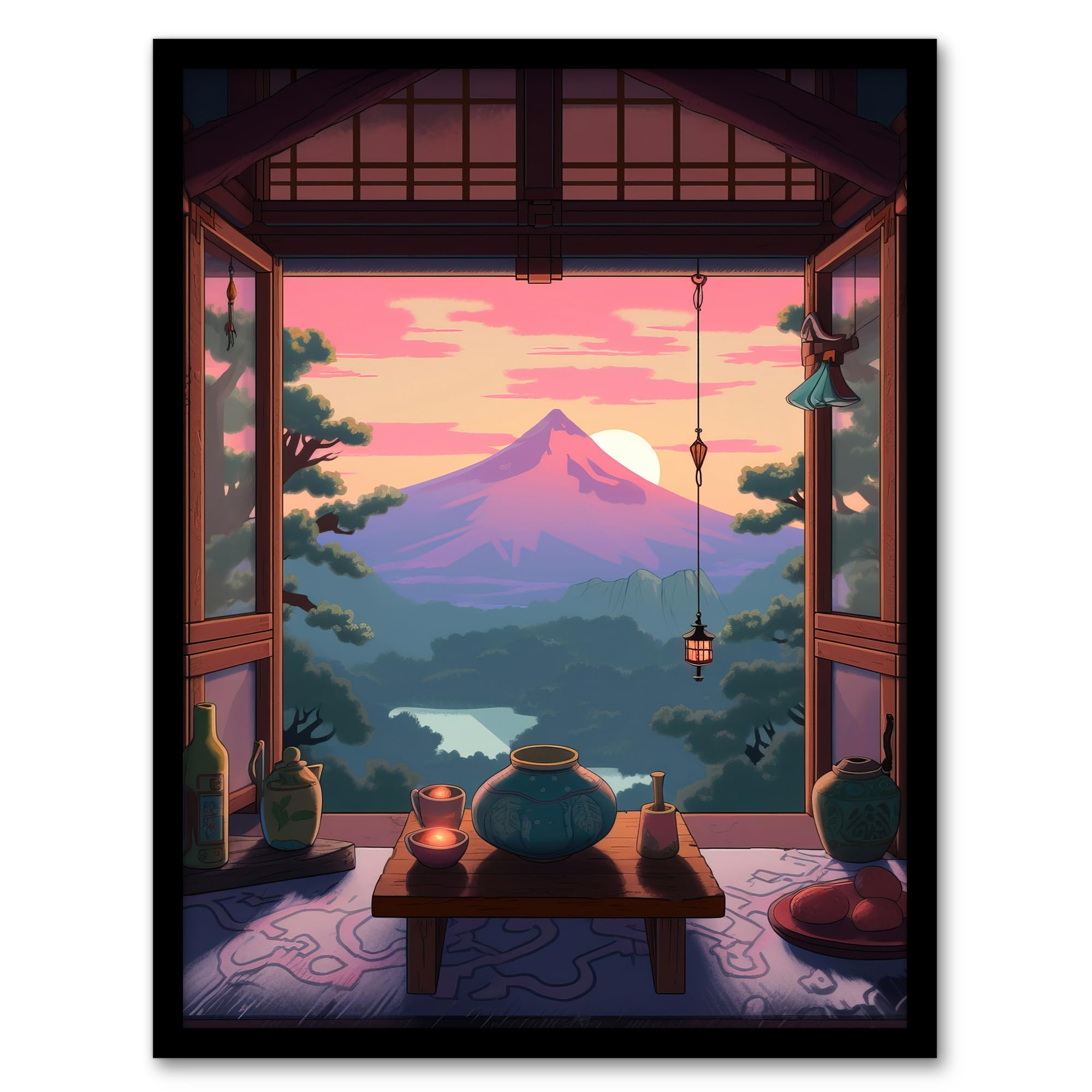 Artery8 Mount Fuji View from House Patio Colourful Painting Traditional Tea Ceremony Japanese Hospitality Sunset Mountain Landscape Artwork Framed Wall Art Print A4