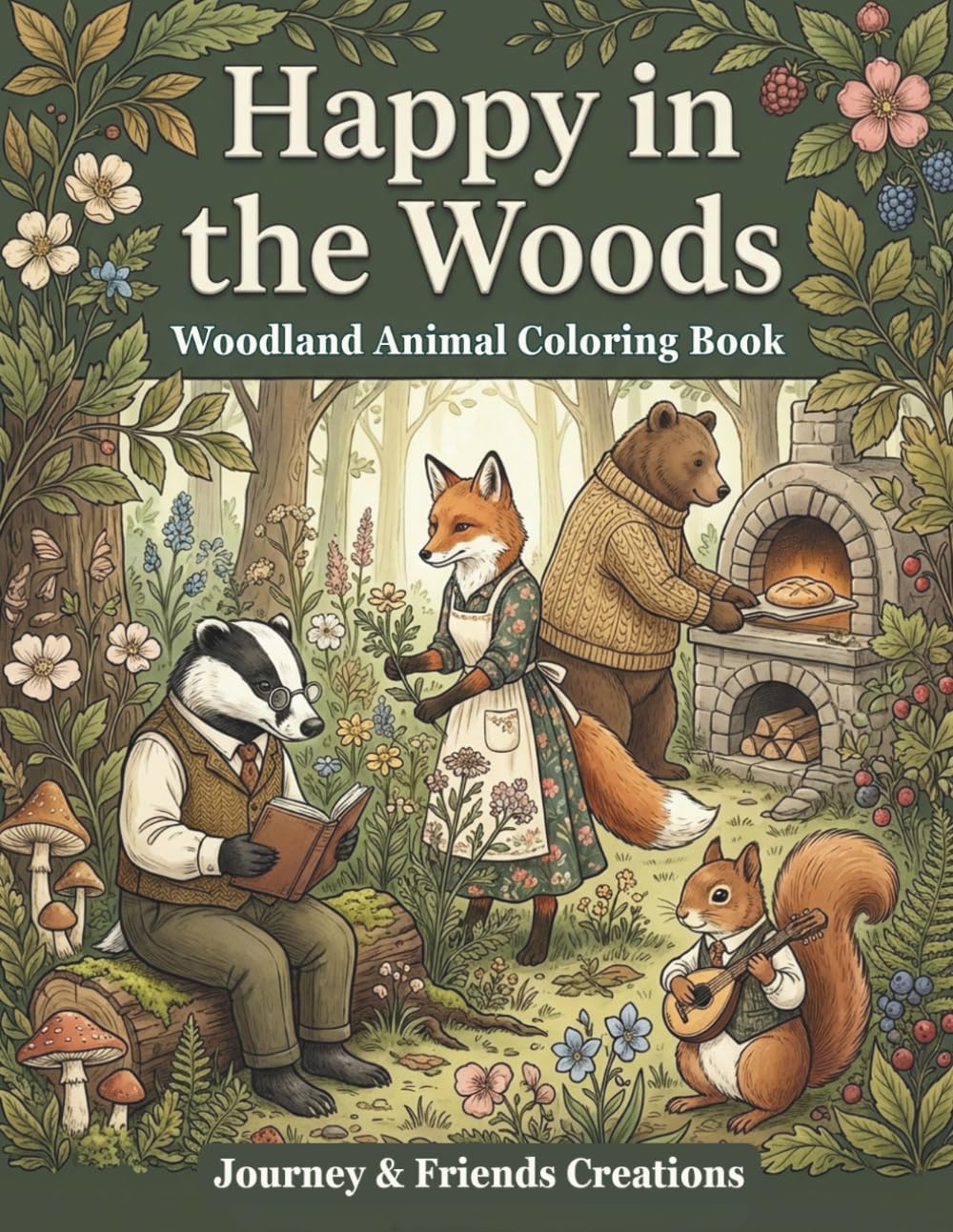 Happy in the Woods: Woodland Animal Adult Coloring Book: 40 Illustrations with Full-Color Reference Pages, Woodland Creature Detailed Coloring Book
