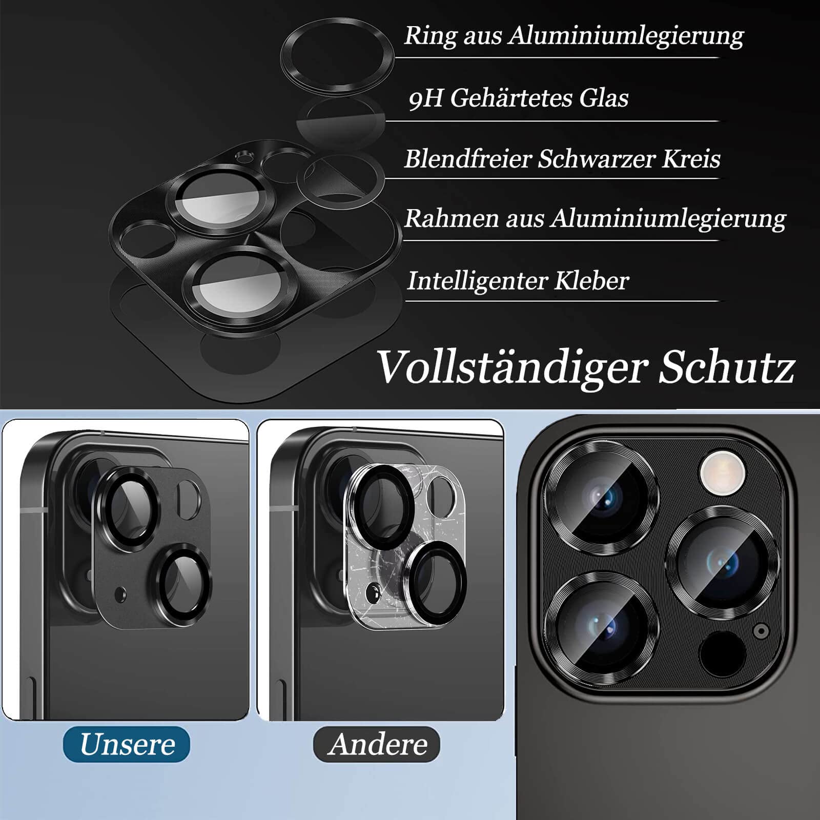 Pack of 2 Camera Protectors Compatible with iPhone 13 Pro 6.1 Inch / 13 Pro Max 6.7 Inch Clear Camera Tempered Glass with Metal Ring Designed for MagSafe Snap Adapter for Magnetic Attachment Black - Image 3