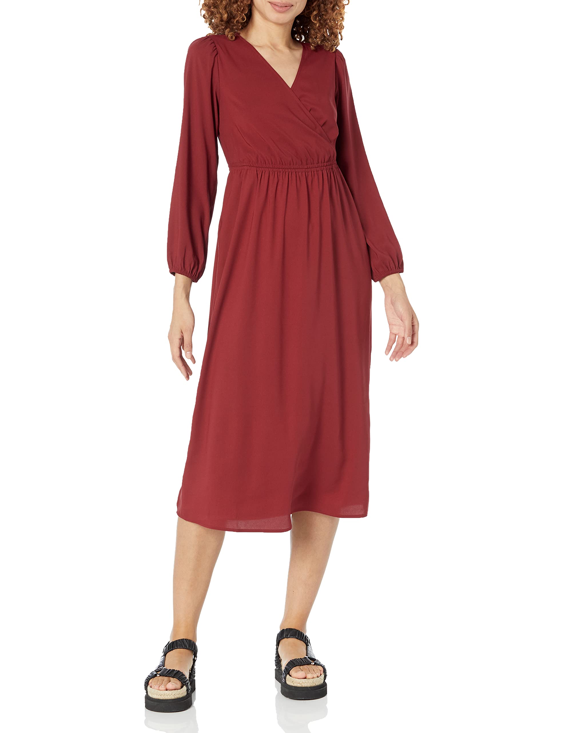 Amazon Essentials Women's Lightweight Georgette Midi Dress with Long Sleeves and V-Neck (Plus Size Available)