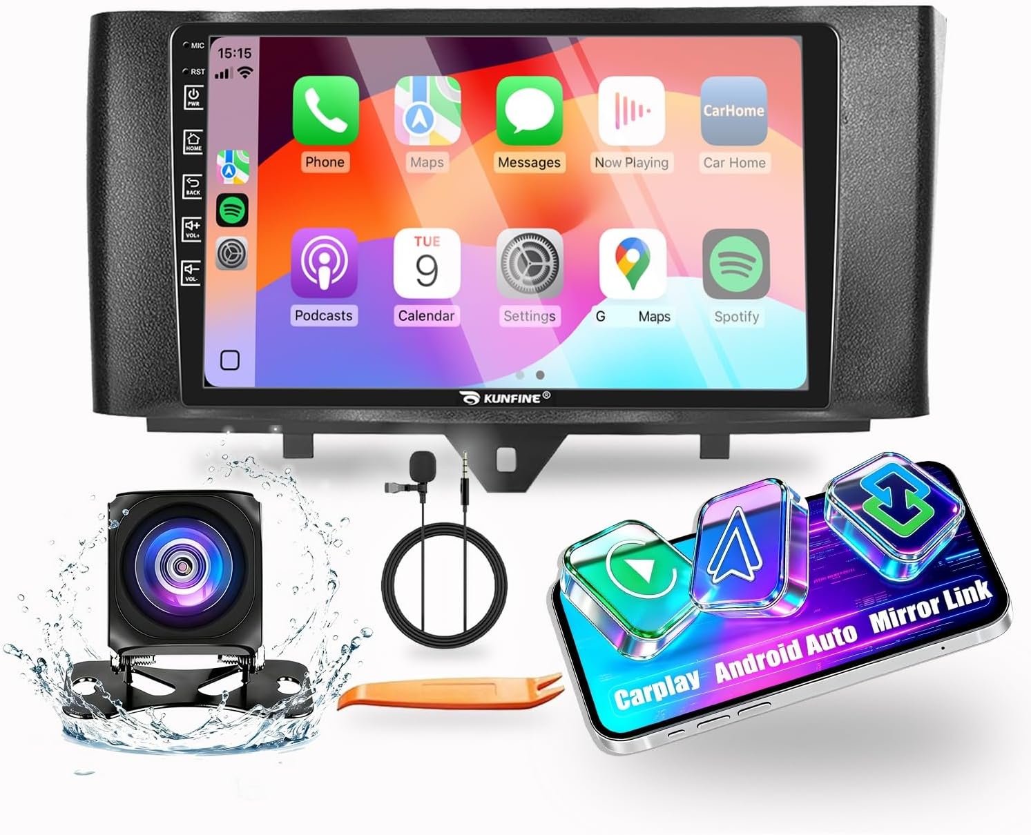 Kunfine Car CarPlay Android Auto Navigation Stereo GPS Radio Reverse Camera Display 9" IPS Touchscreen Headunit Tablet Pad Media Player for Benz Smart Fortwo 2011-2015, if Applicable Quad Core 2G+64G
