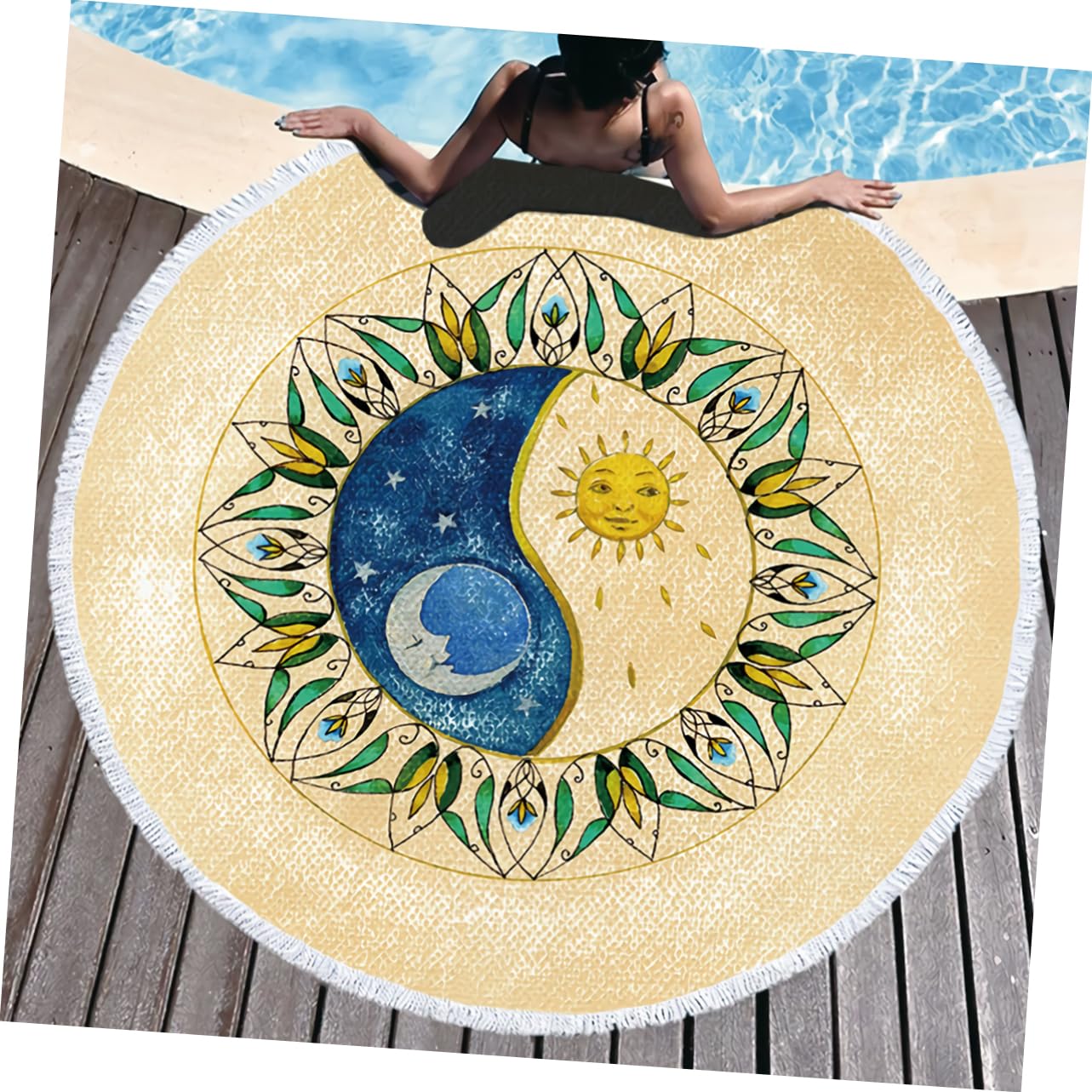 Serviettes de Plage Rondes Imprimées Motif Tai Ji, Fibres Fines, Jaune | Fouta Plage, Draps de Bain, Essuie de Plage, Serviettes de Toilette, Drap de Plage, Camping