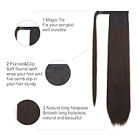 Vista 10 de SEIKEA Extensión de cola de caballo larga recta envolvente con clip, extensiones de cabello sintético suave natural para mujer, 35 pulgadas, marrón
