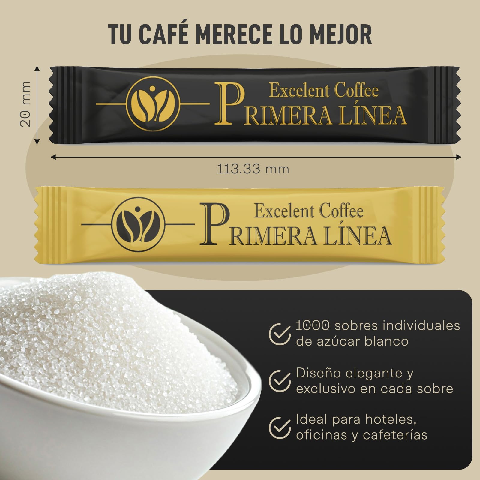 AZÚCAR PRIMERA LINEA Individual | Caja de 1000 Bolsitas de 7g | Sobres de Azúcar Blanco Monodosis | Perfectos para 1 taza de café en el hogar, la cafetería o la oficina.