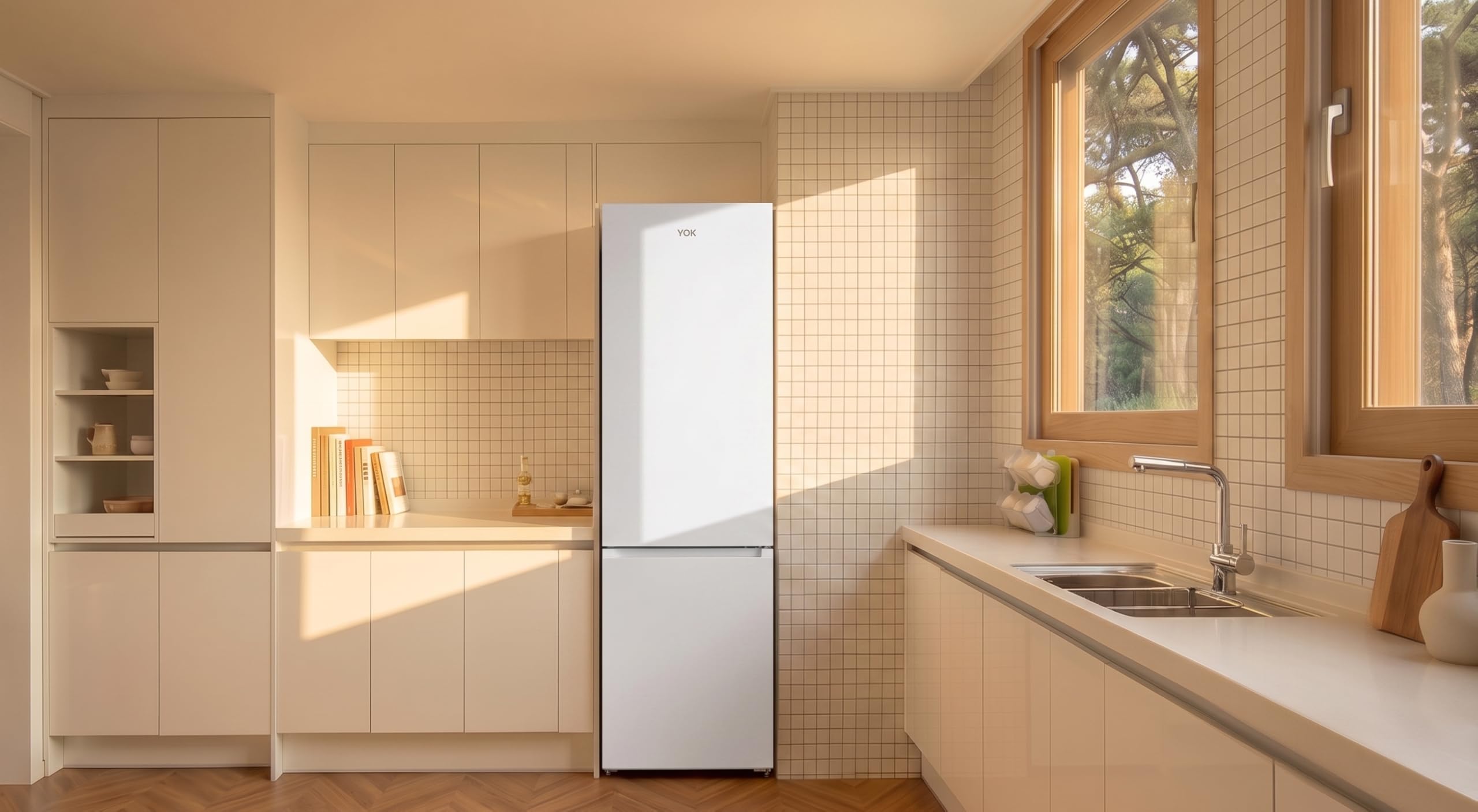 VOK Frigorífico Combinado No Frost 405L en 185.5cm - Compresor Inverter Silencioso 37dB, MaxVolume, Zona 0°C, Multi Air Flow, Clase E, Blanco, EVR-405NEW