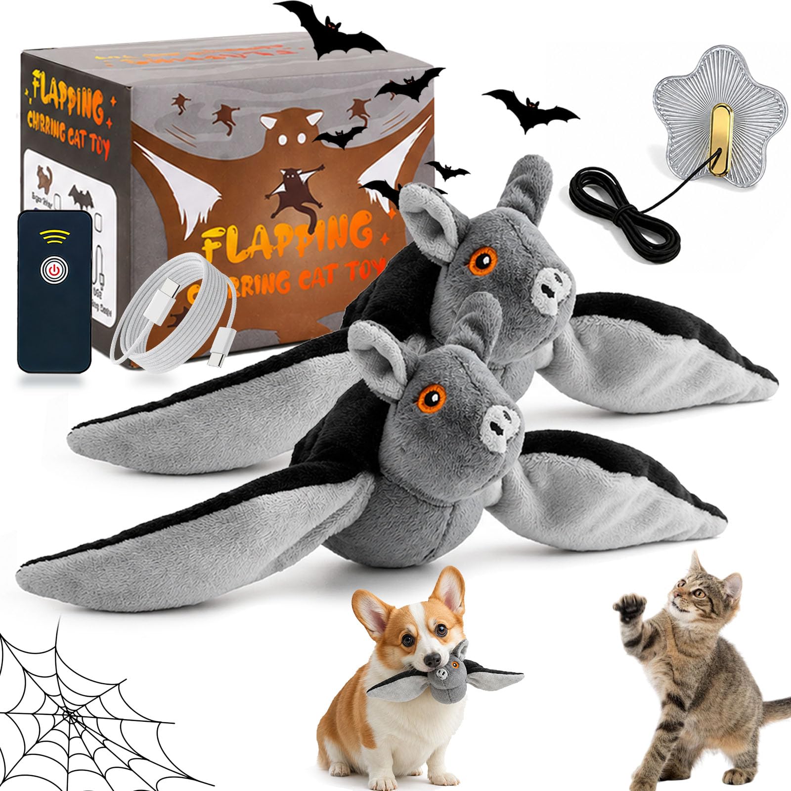Pealeaf Chauve-Souris Volante pour Chien et Chat, Jouet Peluche interactif Rechargeable par USB avec Ailes battantes, Herbe à Chat et Crochet pour Poursuite en intérieur (2PCS)