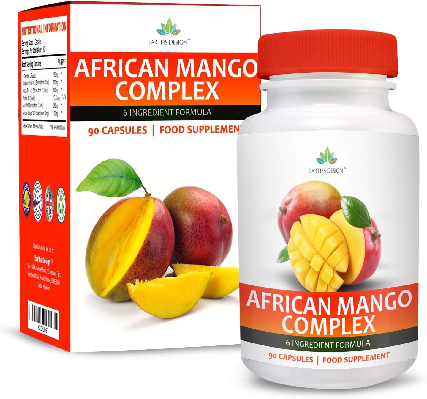 African Mango Complex - 1000mg Extract With Raspberry Ketones, Green Coffee Bean, Capsicum & Glucomannan - Maximum Strength Supplement for Men & Women - Suitable for Vegetarians - 90 Capsules (3 Month Supply) by Earths Design
