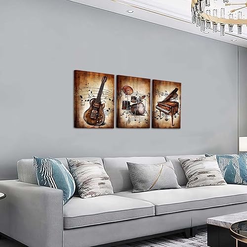 Miniatura 4 de KLVOS 3 piezas de pintura musical, lienzo de arte para pared, guitarra, piano y batería, impresiones artísticas, regalo para amantes de la música,